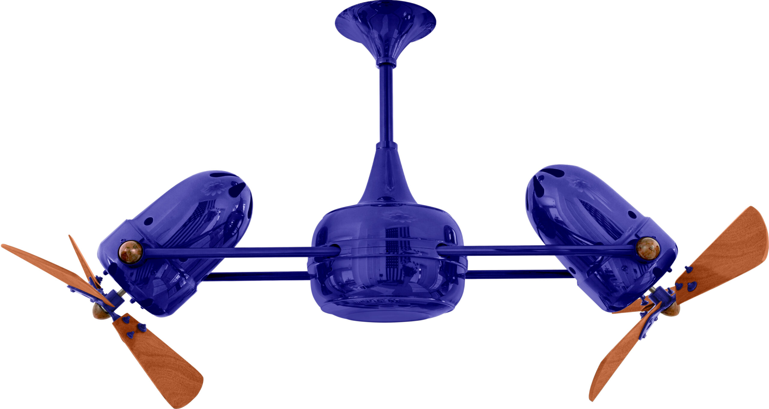 Duplo Dinamico rotational dual head ceiling fan in blue / safira finish with solid mahogany wood blades made by Matthews Fan Company.