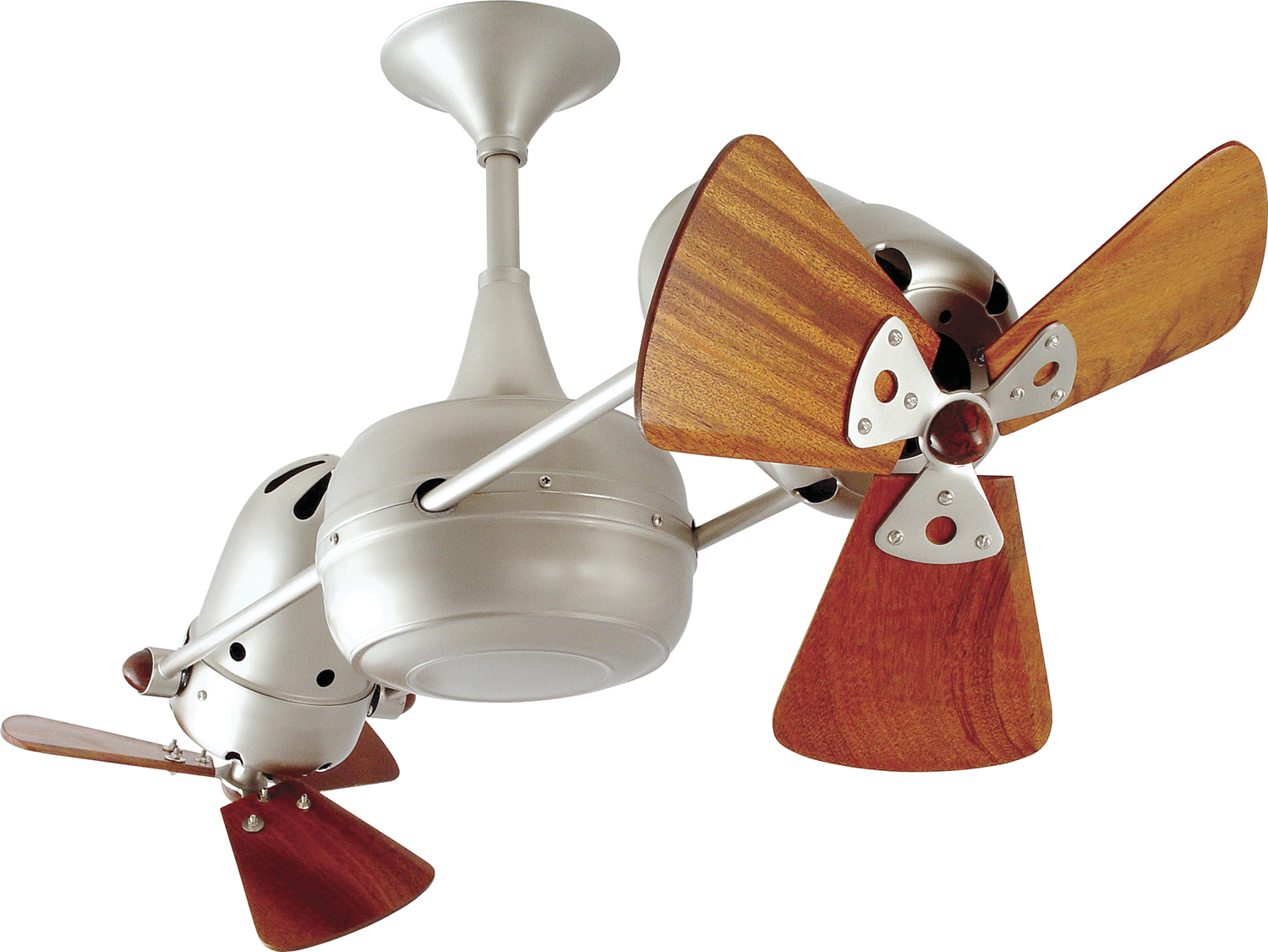 Duplo Dinamico Rotational Dual Head Ceiling Fan in Brushed Nickel Finish with Mahogany Wood Blades