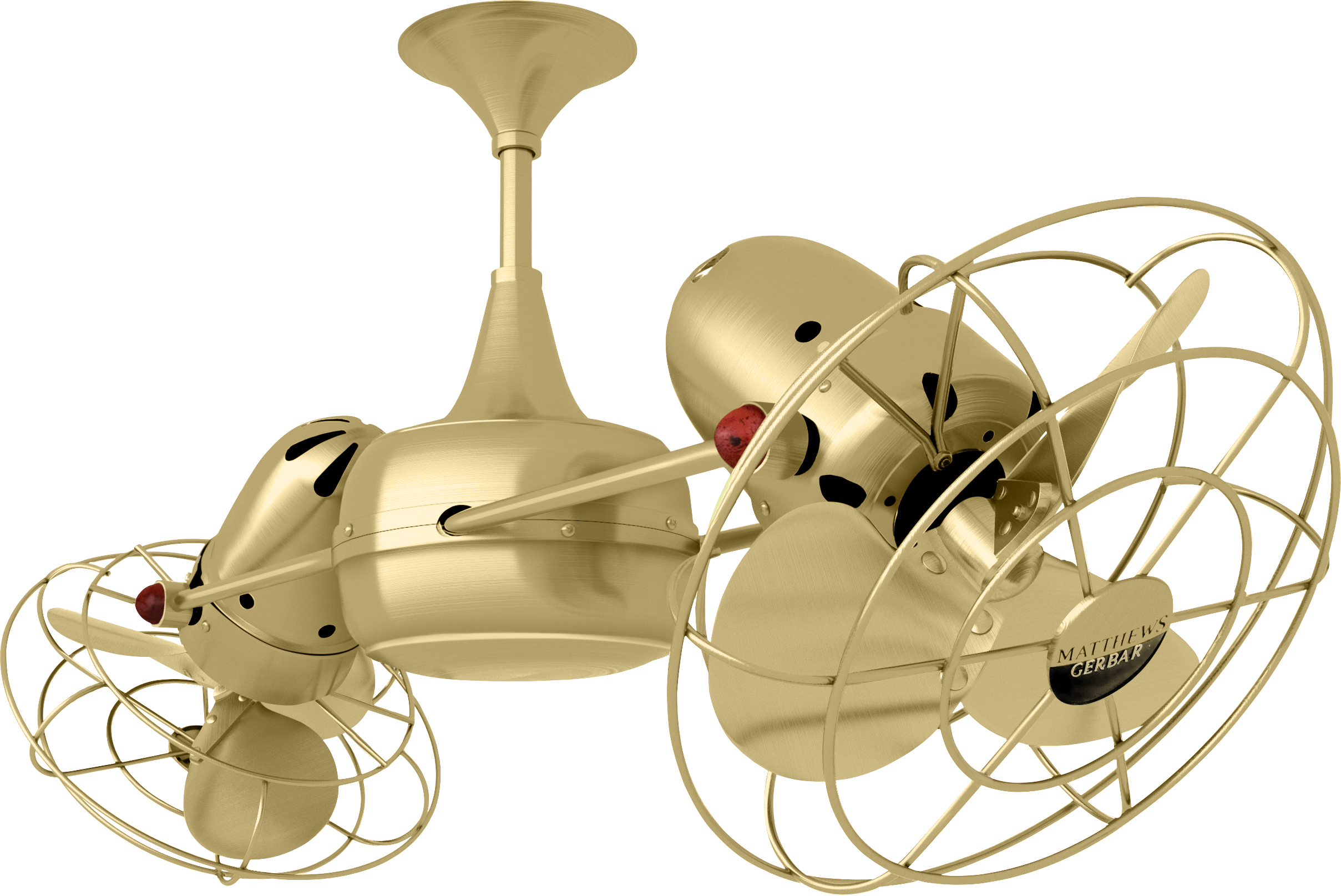 Duplo Dinamico rotational dual head ceiling fan in Brushed Brass finish with Metal blades made by Matthews Fan Company.