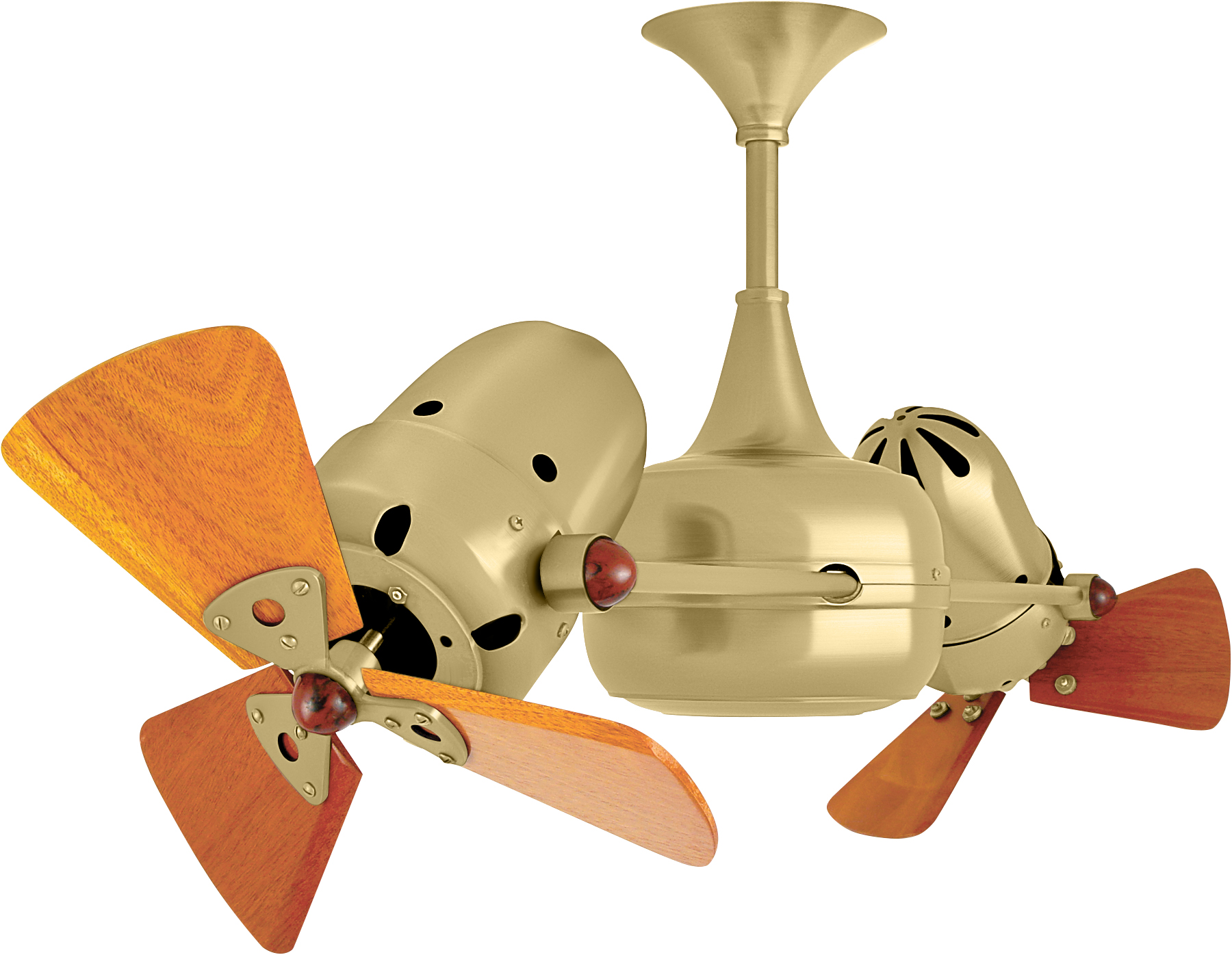 Duplo Dinamico rotational dual head ceiling fan in Brushed Brass finish with Mahogany wood blades made by Matthews Fan Company.