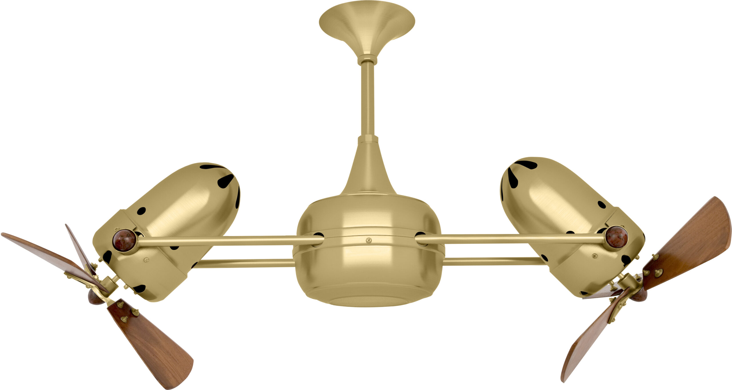 Duplo Dinamico rotational dual head ceiling fan in Brushed Brass finish with Mahogany wood blades made by Matthews Fan Company.