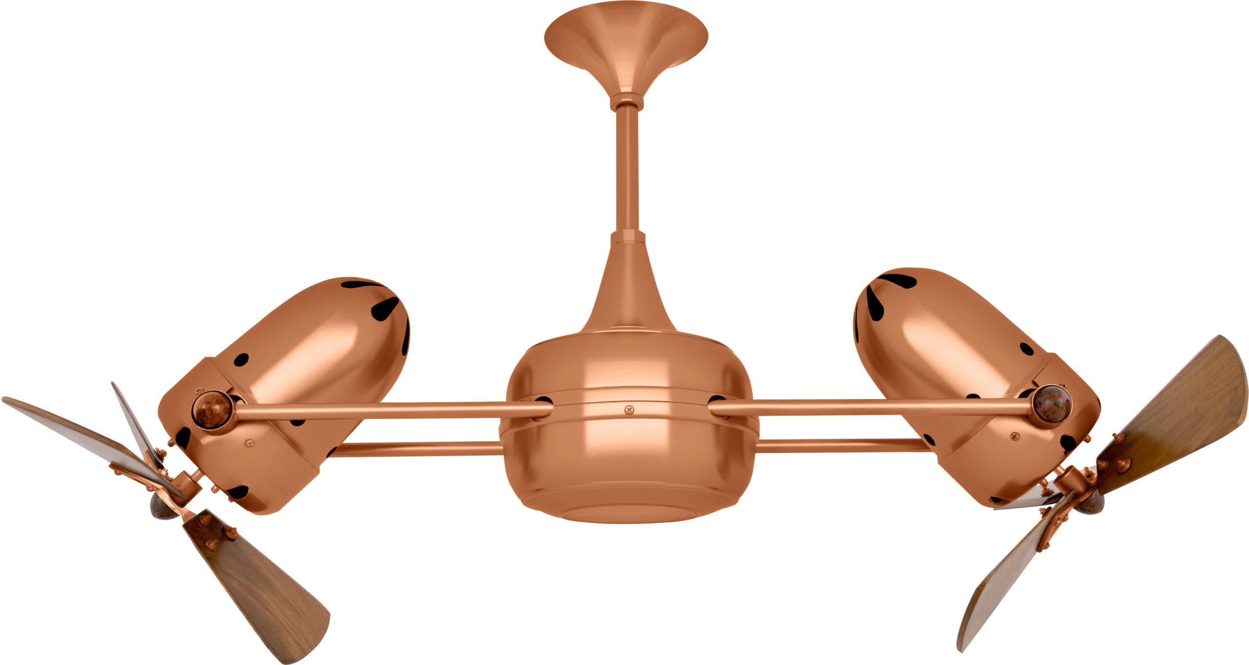 Duplo Dinamico rotational dual head ceiling fan in Brushed Copper finish with Mahogany wood blades made by Matthews Fan Company.