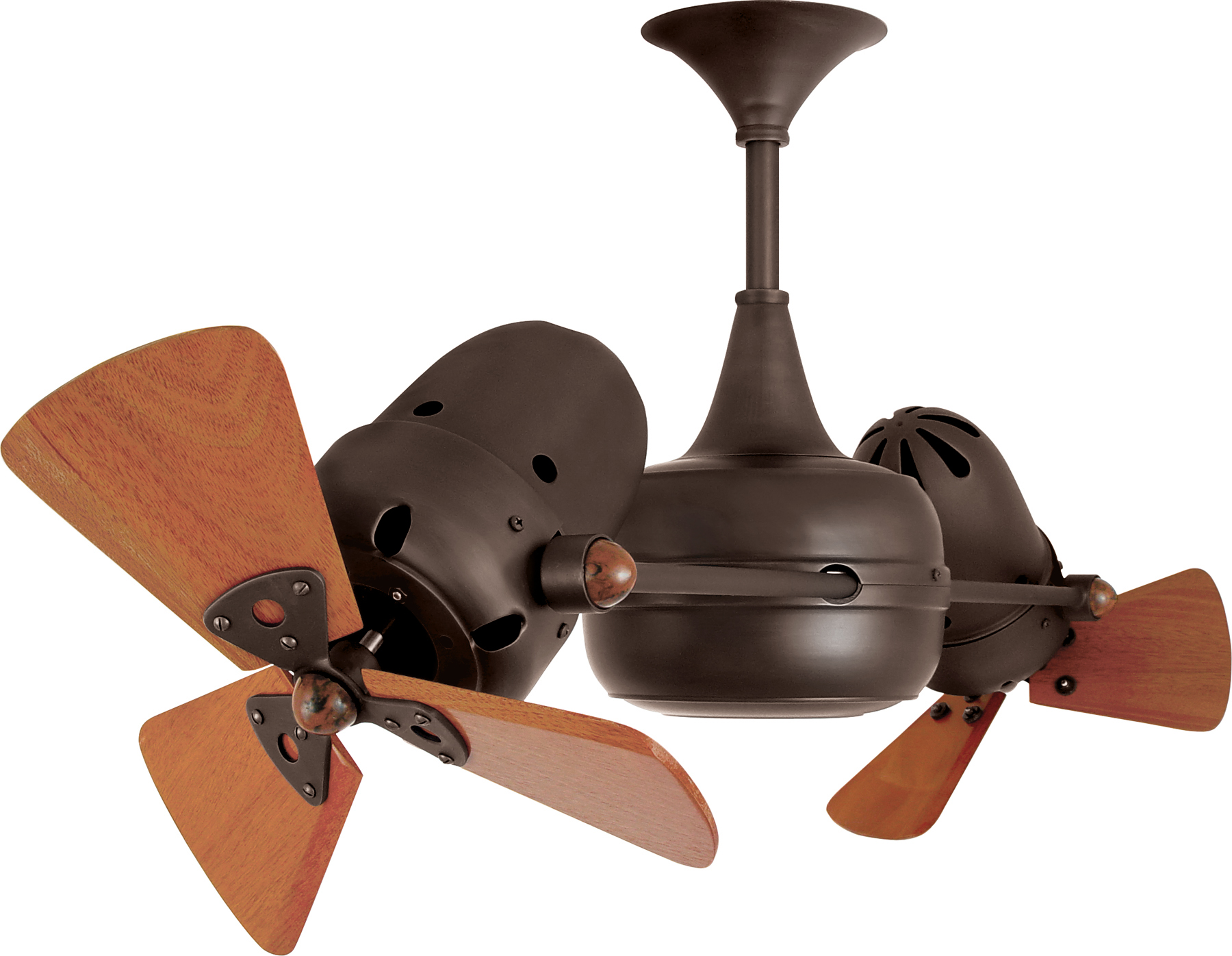 Duplo Dinamico rotational dual head ceiling fan in bronzette finish with solid mahogany wood blades made by Matthews Fan Company.