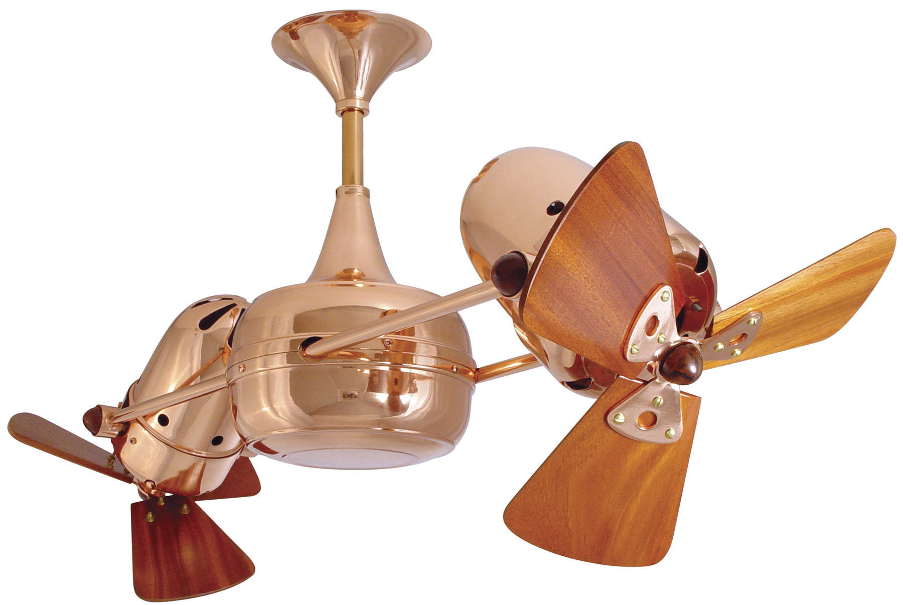 Duplo Dinamico Rotational Dual Fead Ceiling Fan in Polished Copper Finish with Mahogany Wood Blades