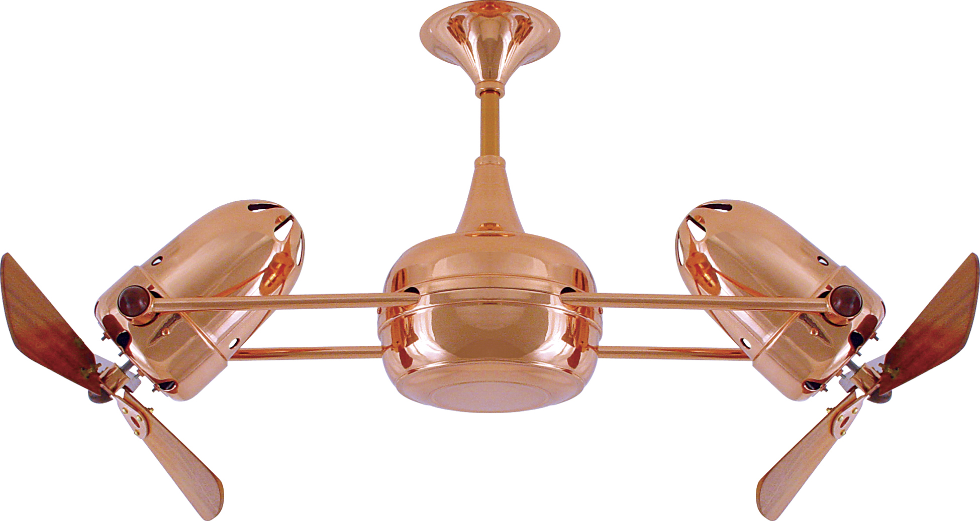 Duplo Dinamico rotational dual head ceiling fan in Polished Copper finish with Mahogany wood blades made by Matthews Fan Company.