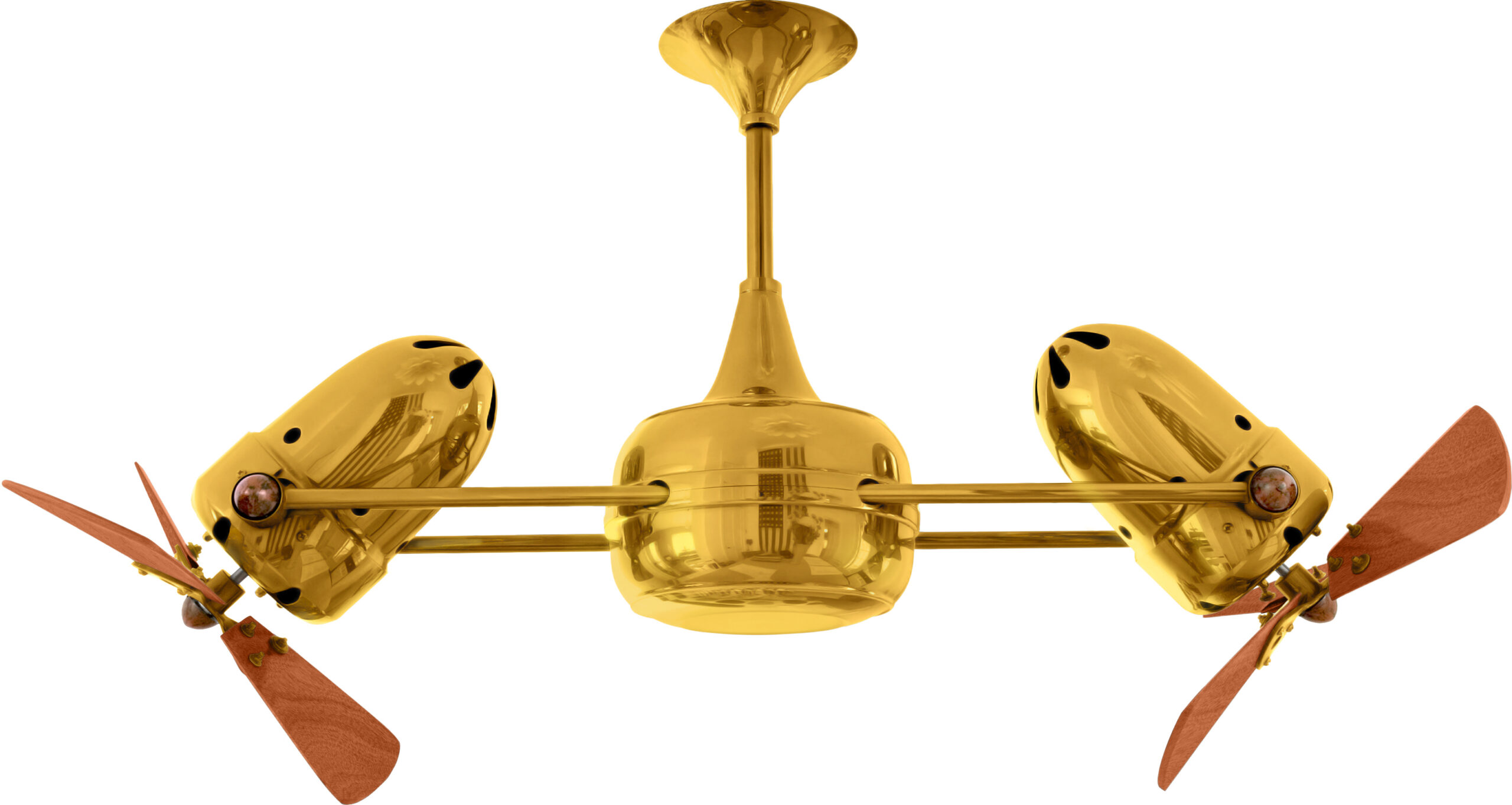 Duplo Dinamico rotational dual head ceiling fan in gold / ouro finish with solid mahogany wood blades made by Matthews Fan Company.