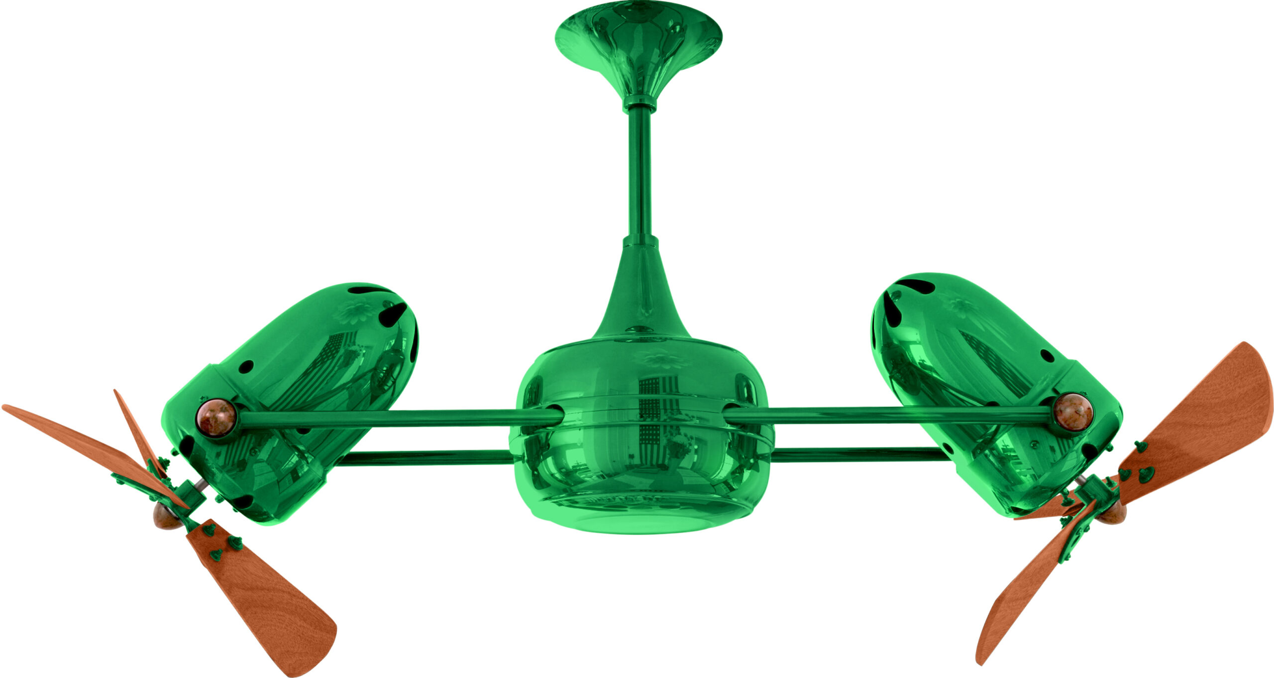 Duplo Dinamico rotational dual head ceiling fan in green / esmeralda finish with solid mahogany wood blades made by Matthews Fan Company.