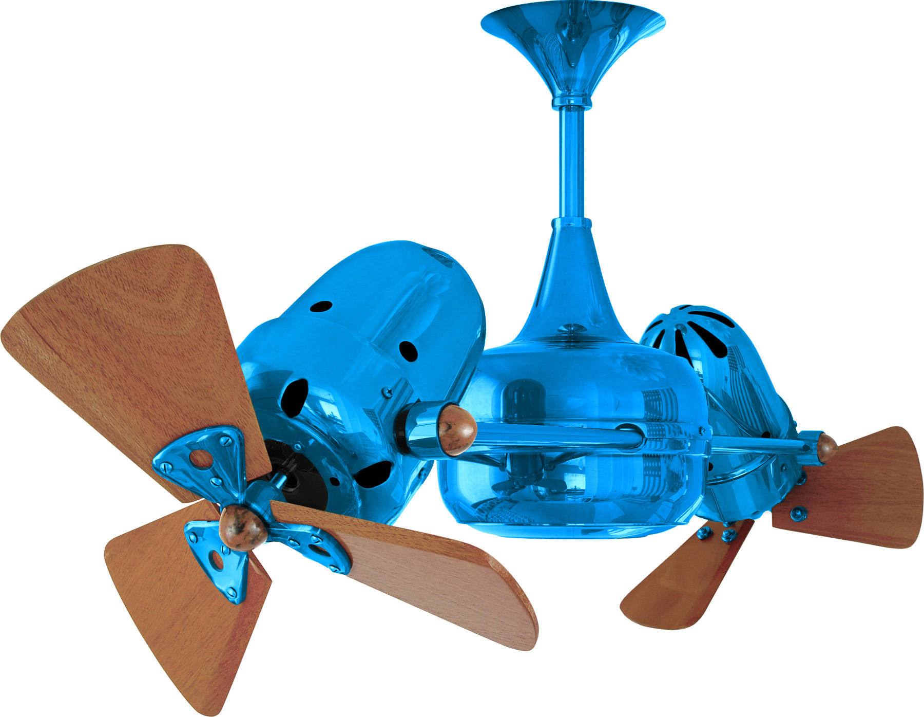 Duplo Dinamico rotational dual head ceiling fan in light blue / agua marinha finish with solid mahogany wood blades made by Matthews Fan Company.