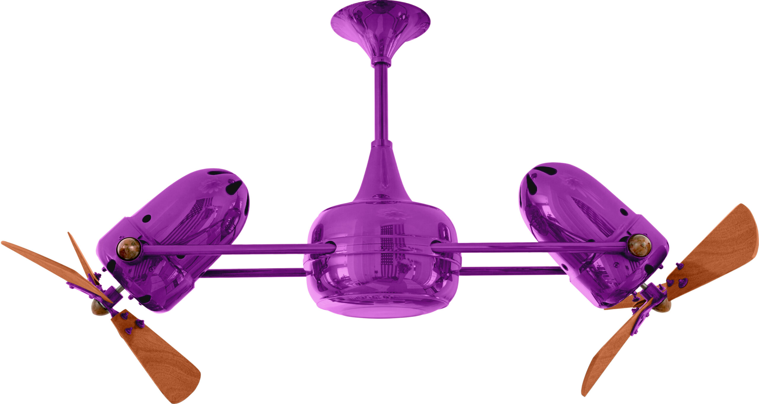 Duplo Dinamico rotational dual head ceiling fan in light purple / ametista finish with solid mahogany wood blades made by Matthews Fan Company.