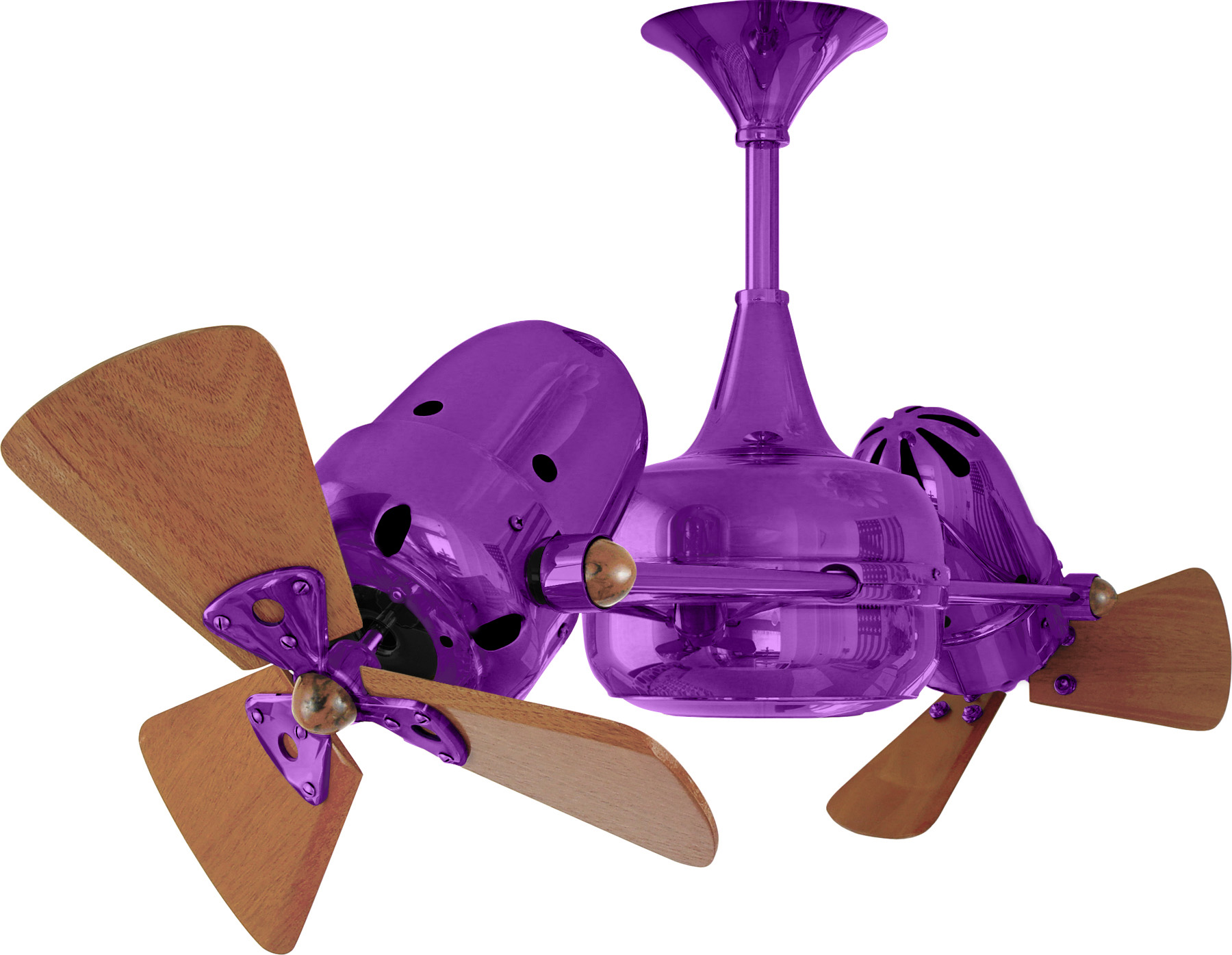 Duplo Dinamico rotational dual head ceiling fan in light purple / ametista finish with solid mahogany wood blades made by Matthews Fan Company.