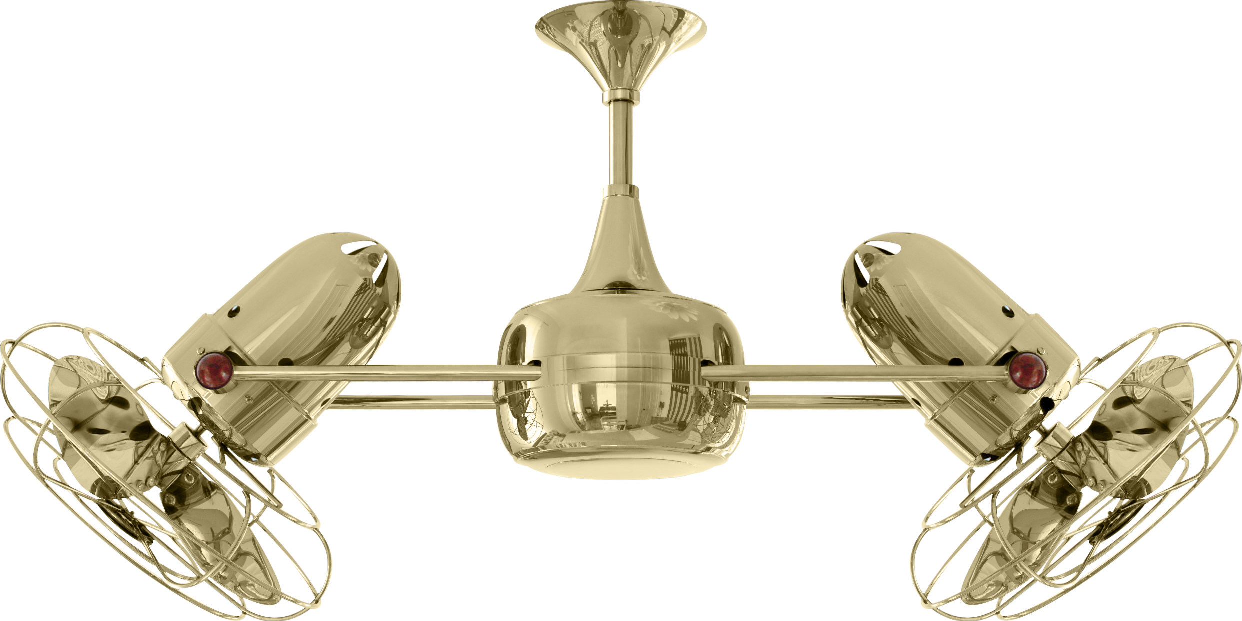 Duplo Dinamico rotational dual head ceiling fan in Polished Brass finish with metal blades in decorative cage made by Matthews Fan Company.