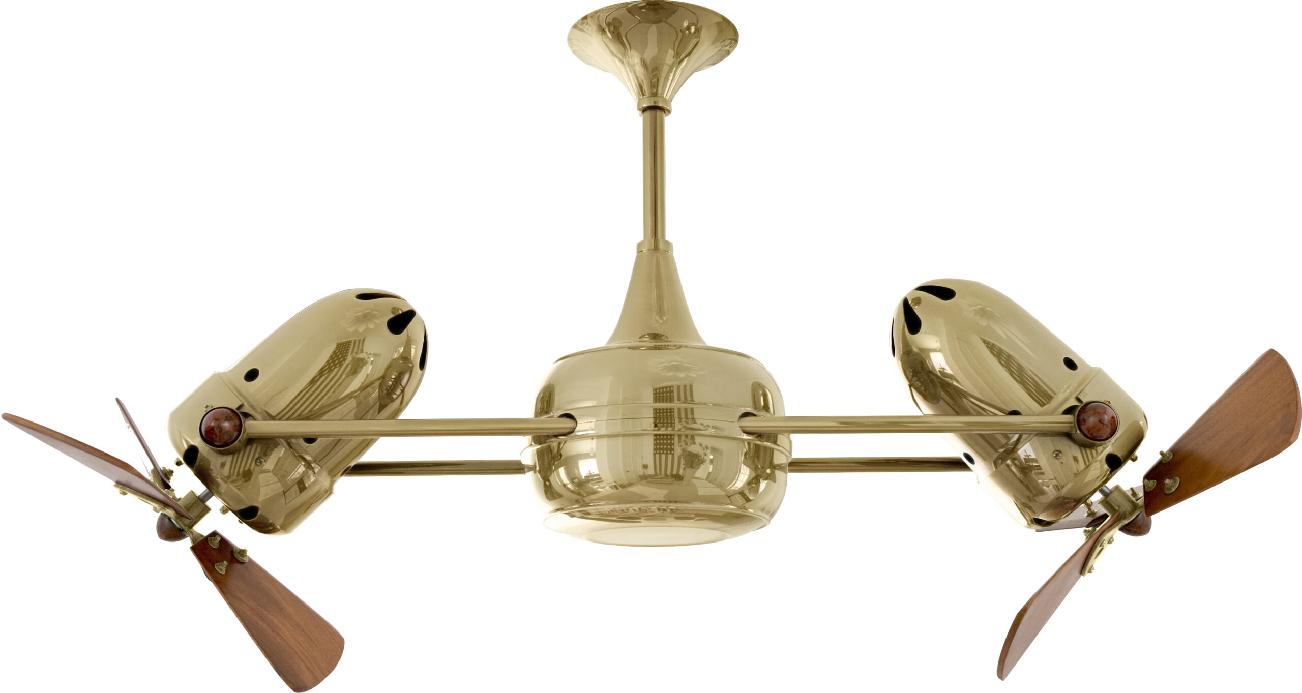 Duplo Dinamico rotational dual head ceiling fan in Polished Brass finish with solid mahoganyl blades made by Matthews Fan Company.