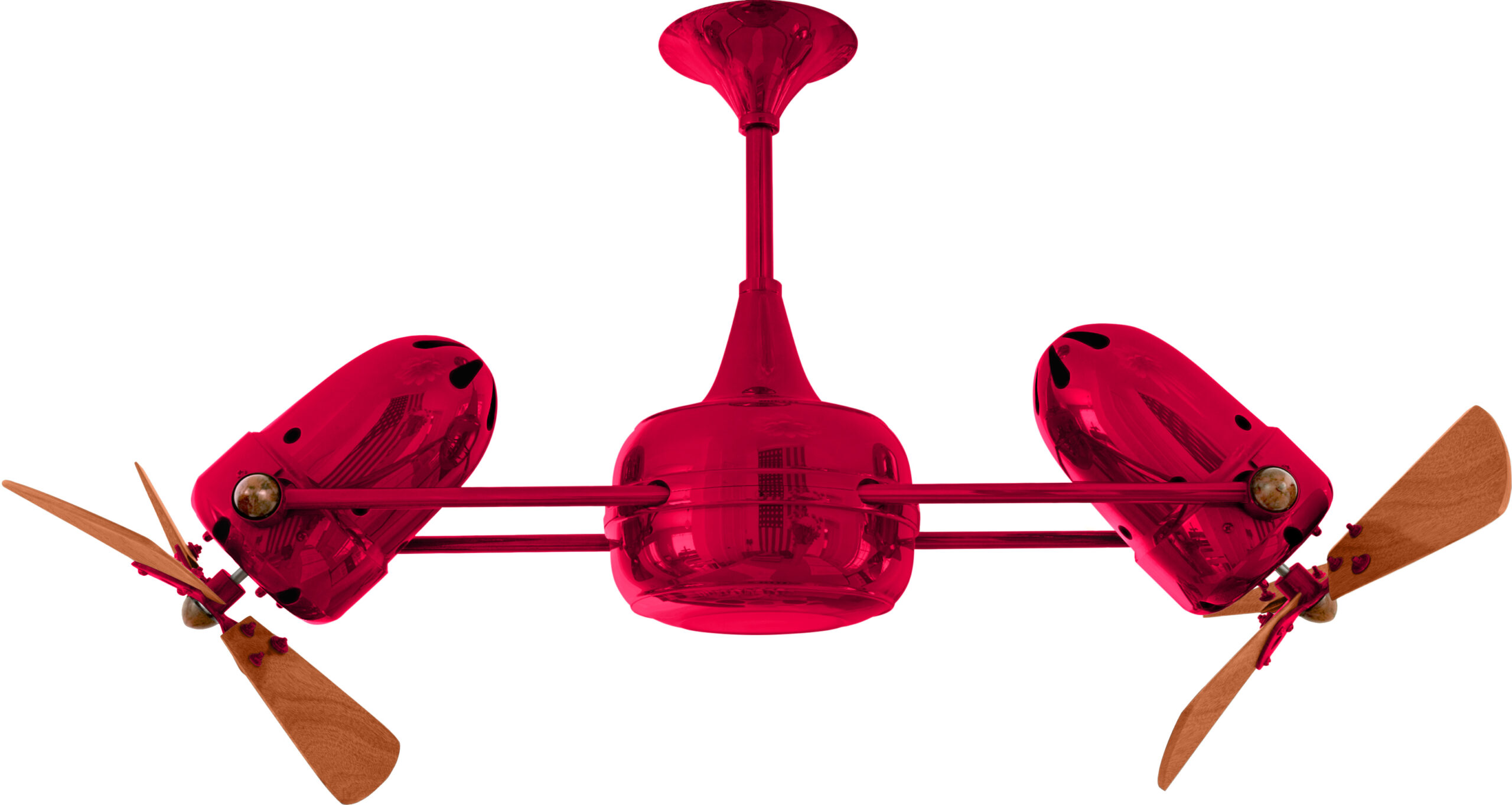 Duplo Dinamico rotational dual head ceiling fan in red / rubi finish with solid mahogany wood blades made by Matthews Fan Company.