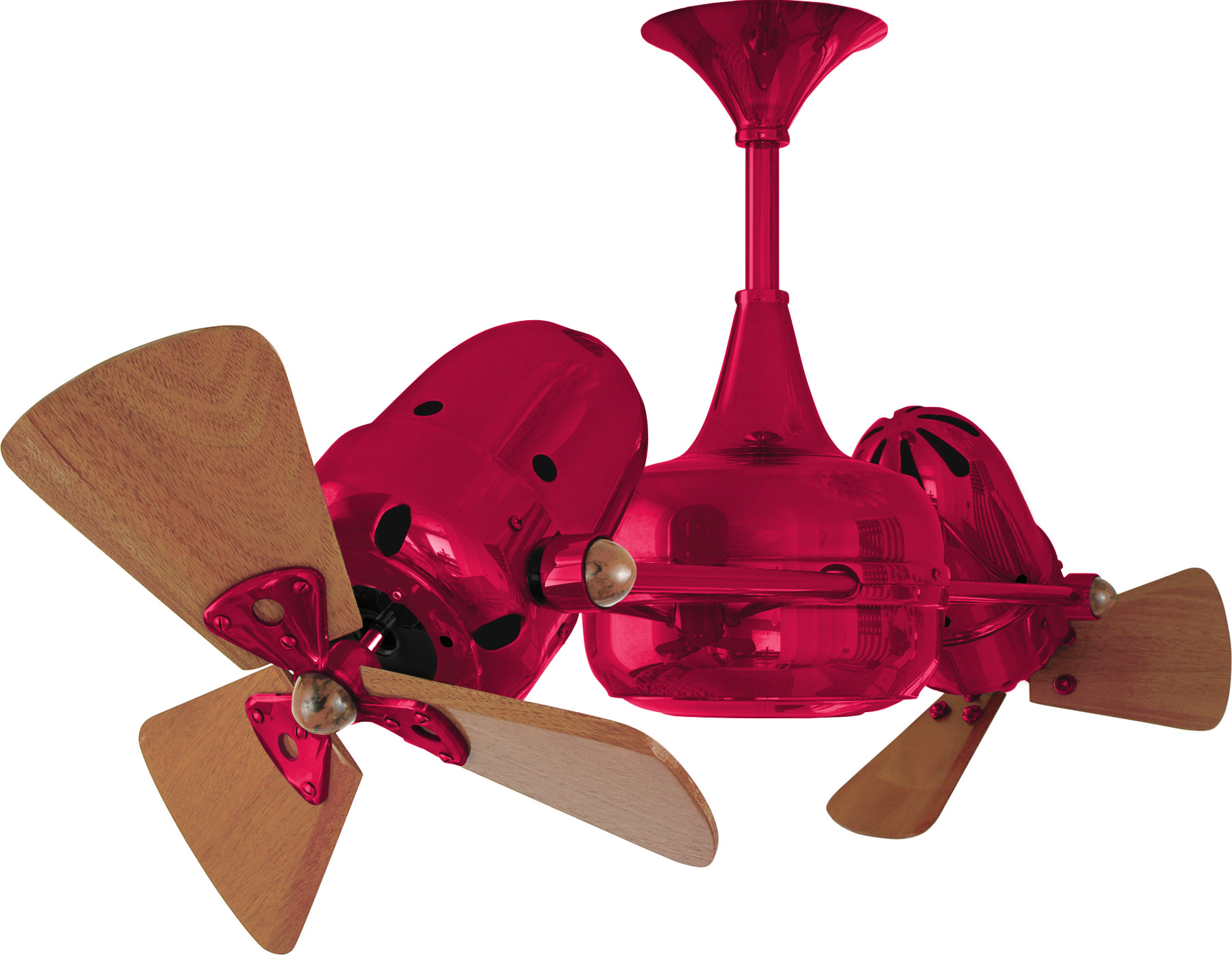Duplo Dinamico rotational dual head ceiling fan in red / rubi finish with solid mahogany wood blades made by Matthews Fan Company.