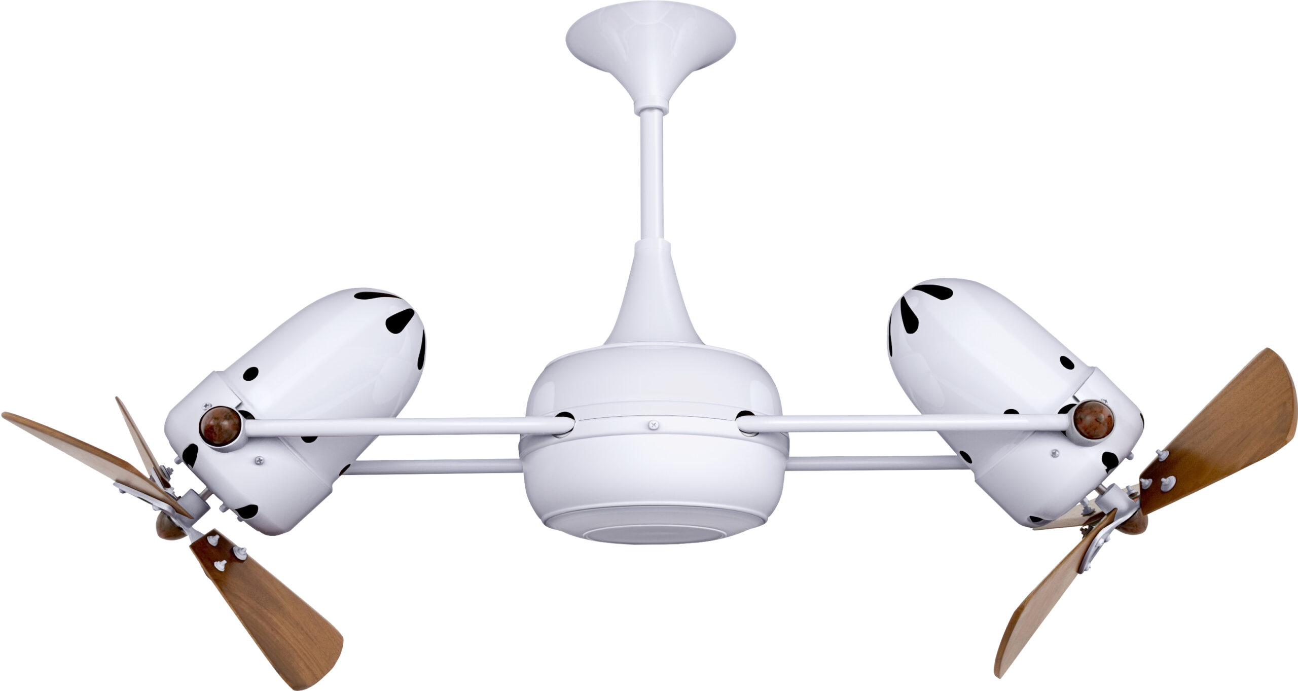 Duplo Dinamico rotational dual head ceiling fan in Gloss White finish with Mahogany wood blades made by Matthews Fan Company.