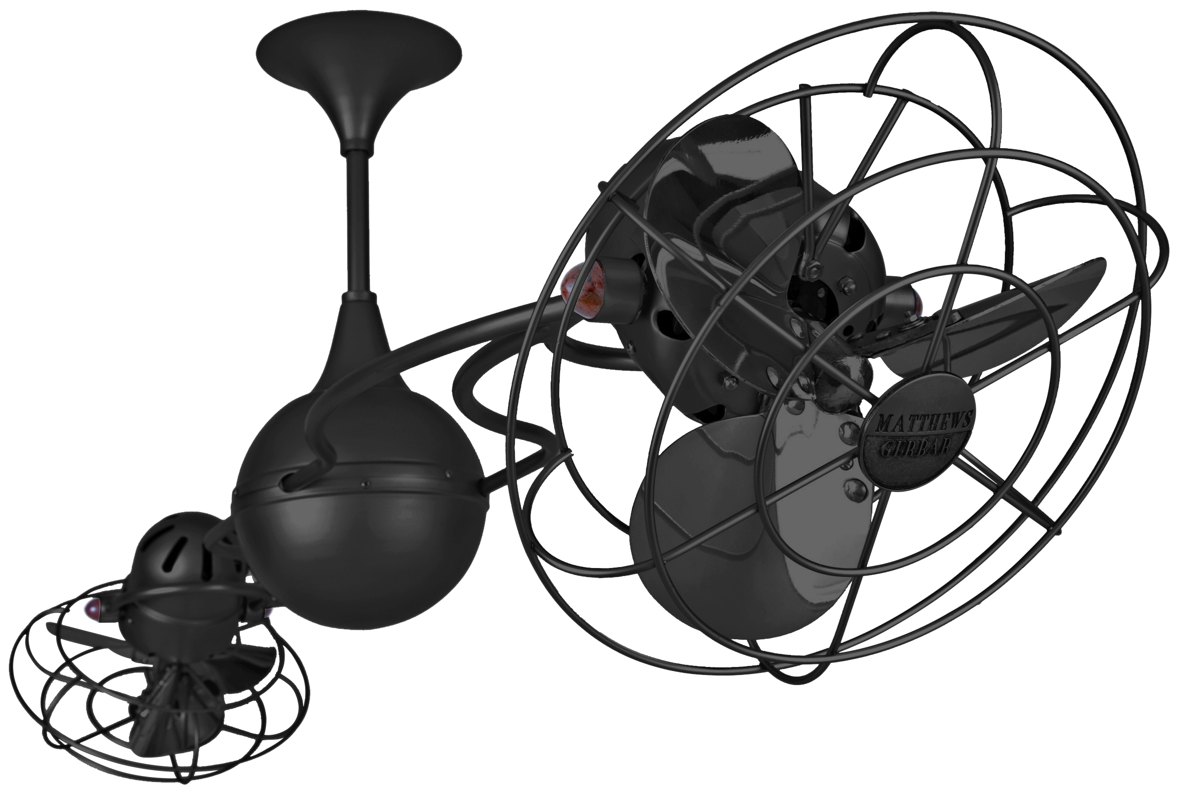 Italo Ventania Rotational Dual Head Ceiling Fan in Black finish with Metal Blades and Decorative Cage