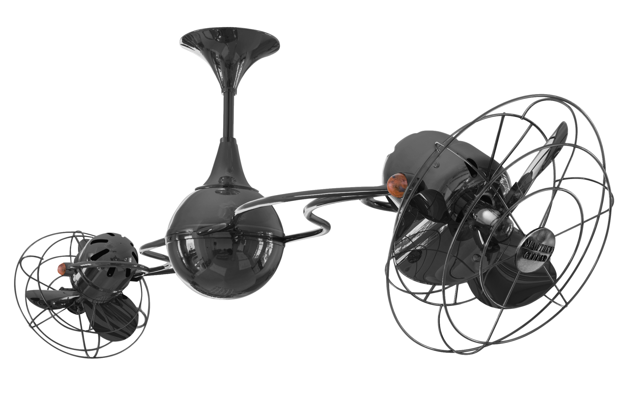 Italo Ventania rotational dual head ceiling fan in Black Nickel finish with Metal blades and decorative cage made by Matthews Fan Company.