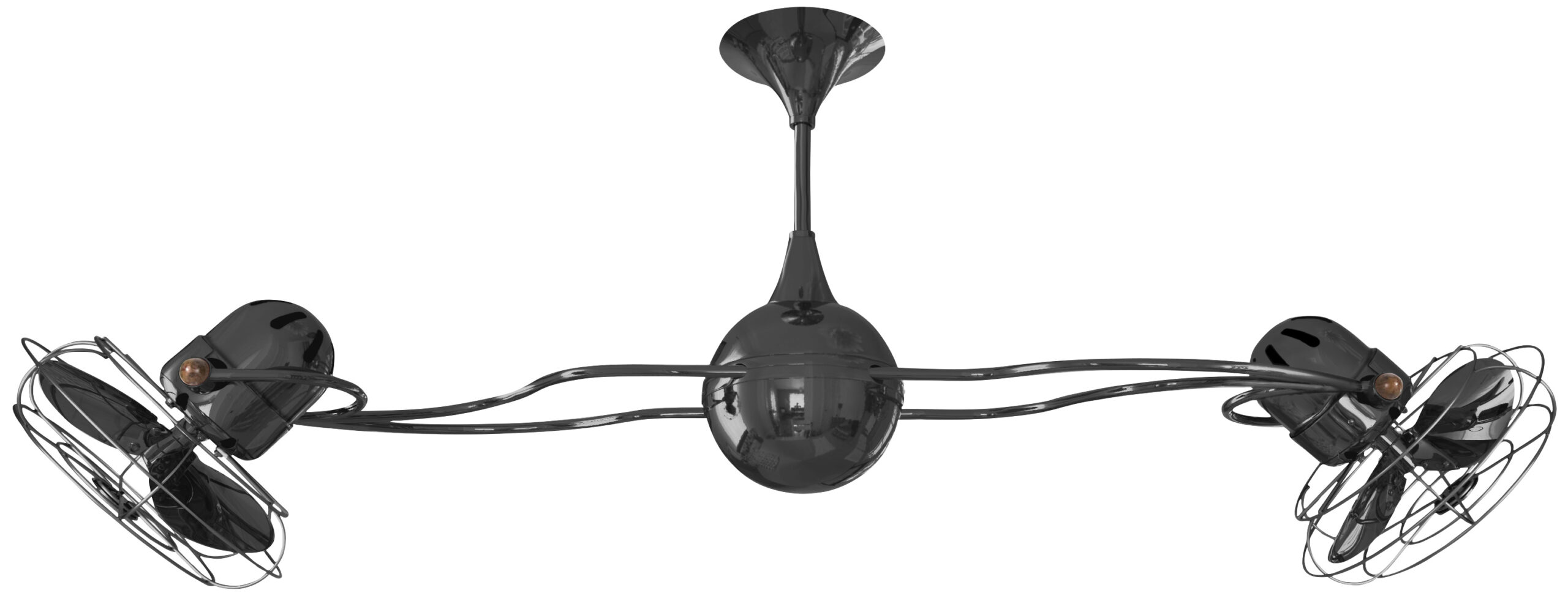 Italo Ventania rotational dual head ceiling fan in Black Nickel finish with Metal blades and decorative cage made by Matthews Fan Company.