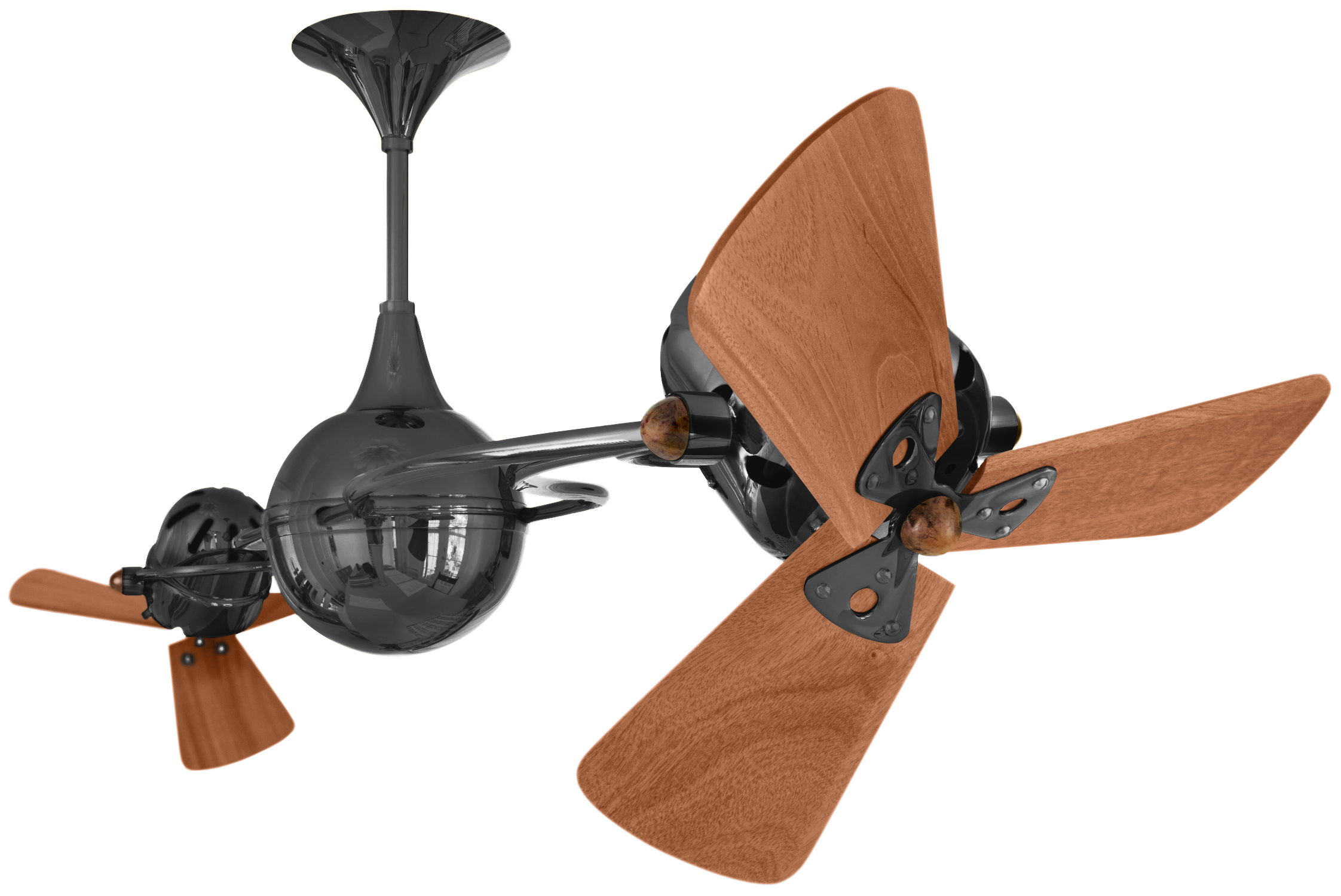 Italo Ventania rotational dual head ceiling fan in Black Nickel finish with solid mahogany wood blades made by Matthews Fan Company.