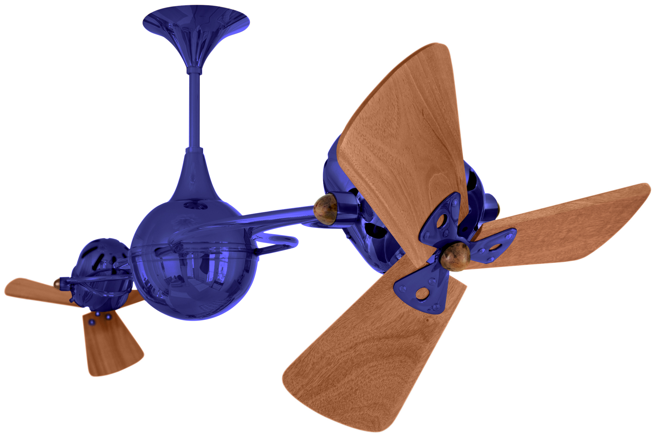 Italo Ventania rotational dual head ceiling fan in Blue / Safira finish with solid mahogany wood blades made by Matthews Fan Company.