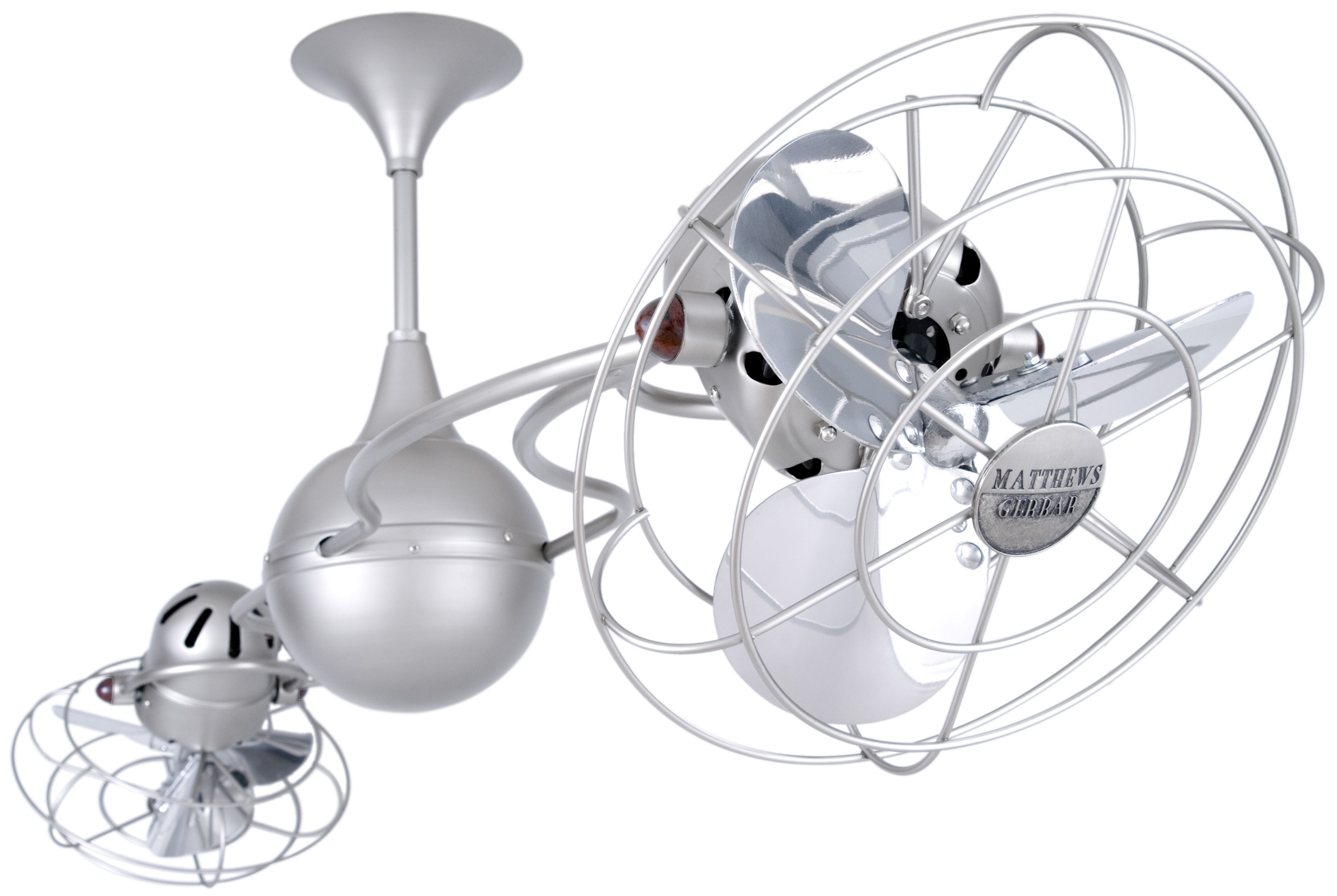 Italo Ventania Rotational Dual Head Ceiling Fan in Brushed Nickel Finish with Metal Blades and Decorative Cage