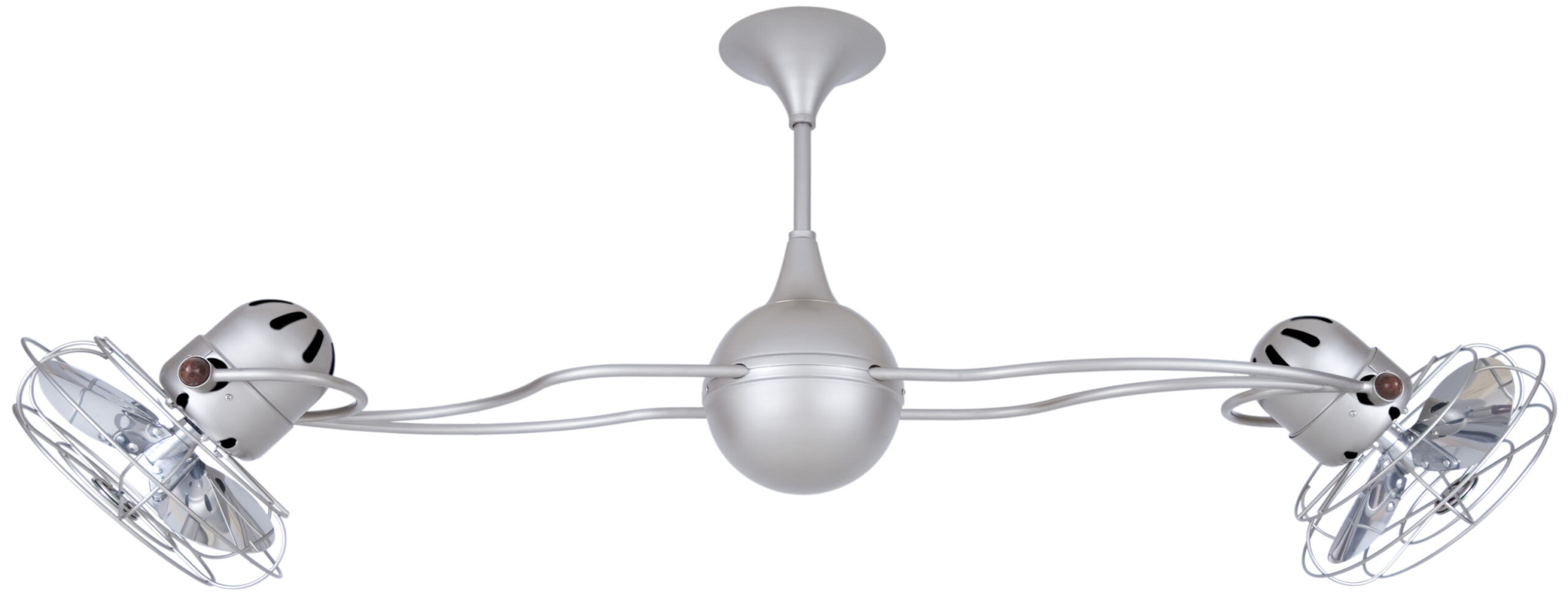 Italo Ventania rotational dual head ceiling fan in Brushed Nickel finish with Metal blades and decorative cage made by Matthews Fan Company.