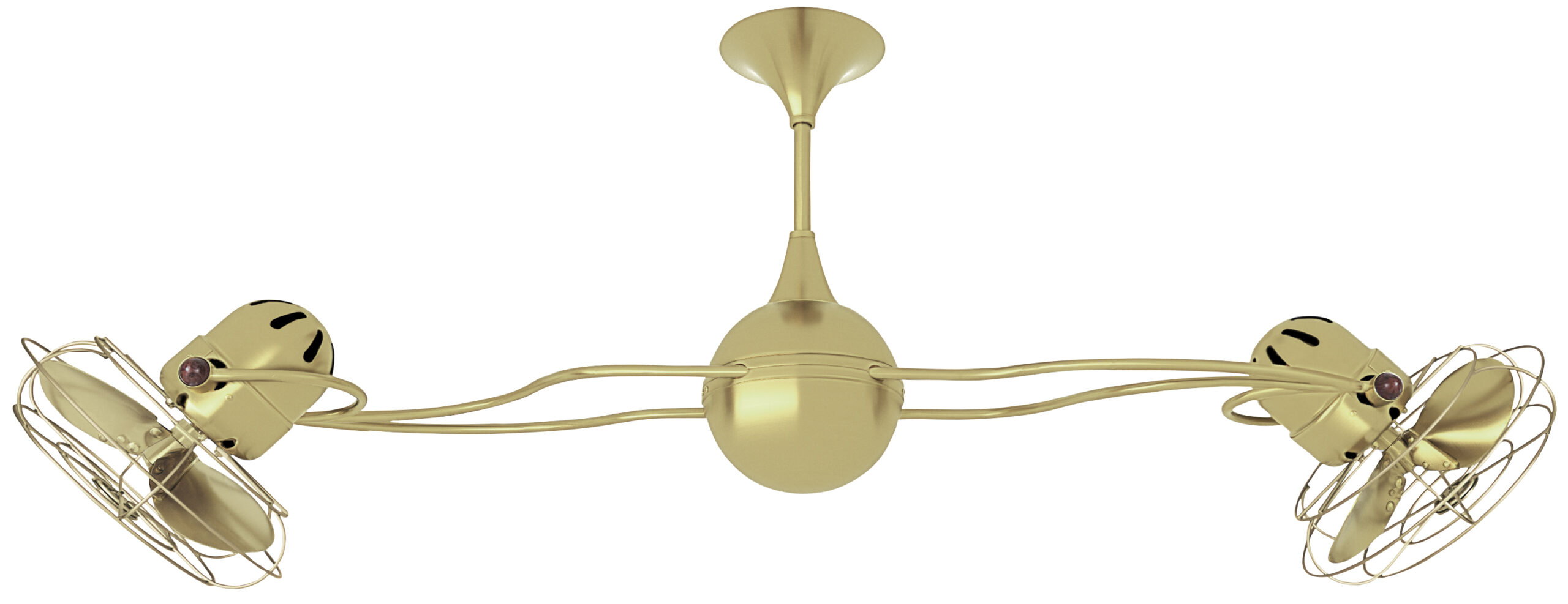 Italo Ventania rotational dual head ceiling fan in Brushed Brass finish with Metal blades and decorative cage made by Matthews Fan Company.