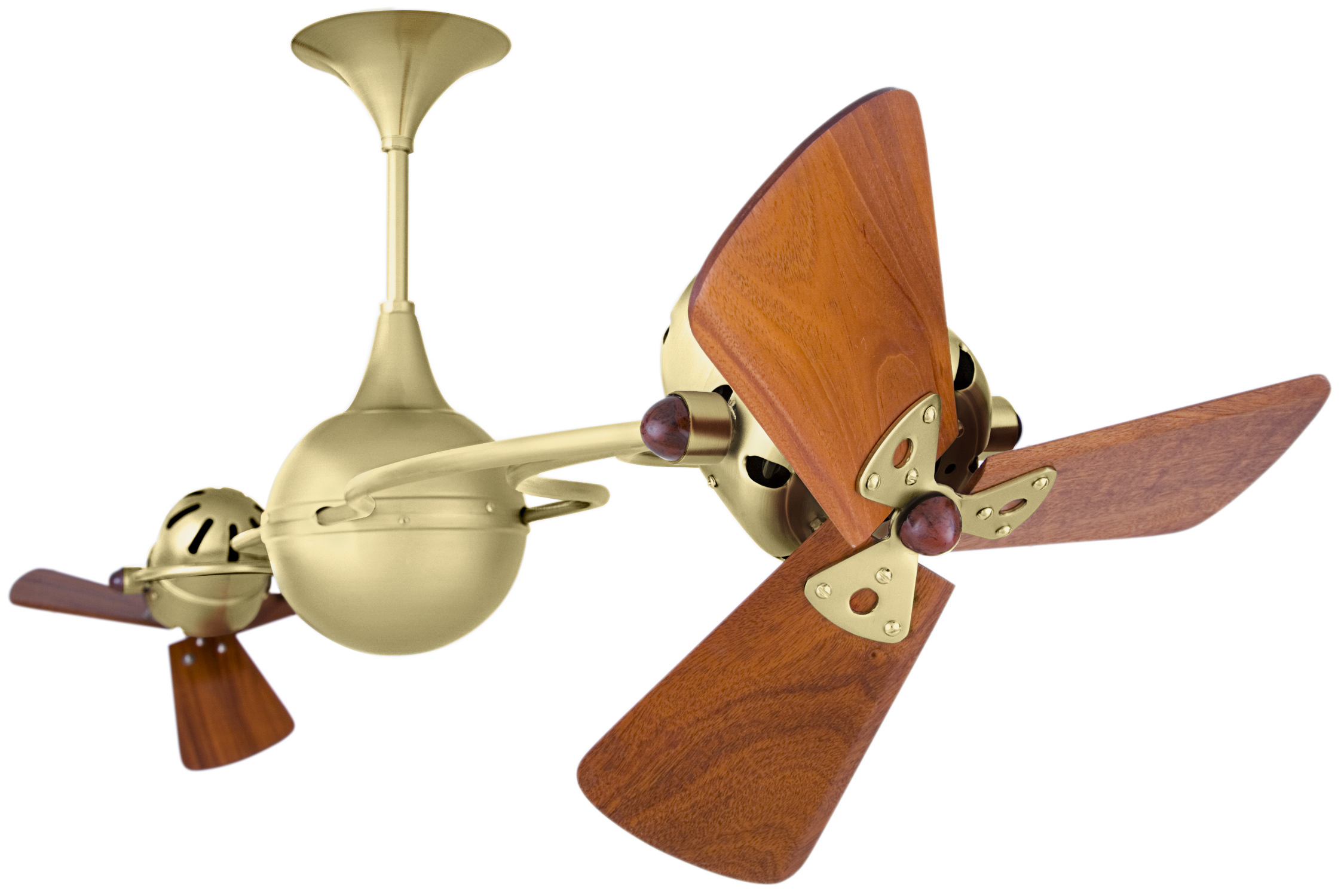 Italo Ventania Rotational Dual Head Ceiling Fan in Brushed Brass Finish with Mahogany Wood Blades