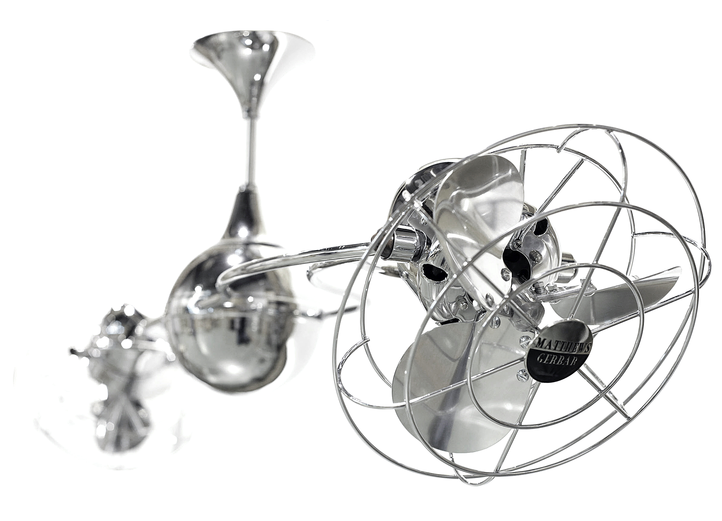 Italo Ventania Rotational Dual Head Ceiling Fan in Polished Chrome Finish with Metal Blades and Decorative Cage