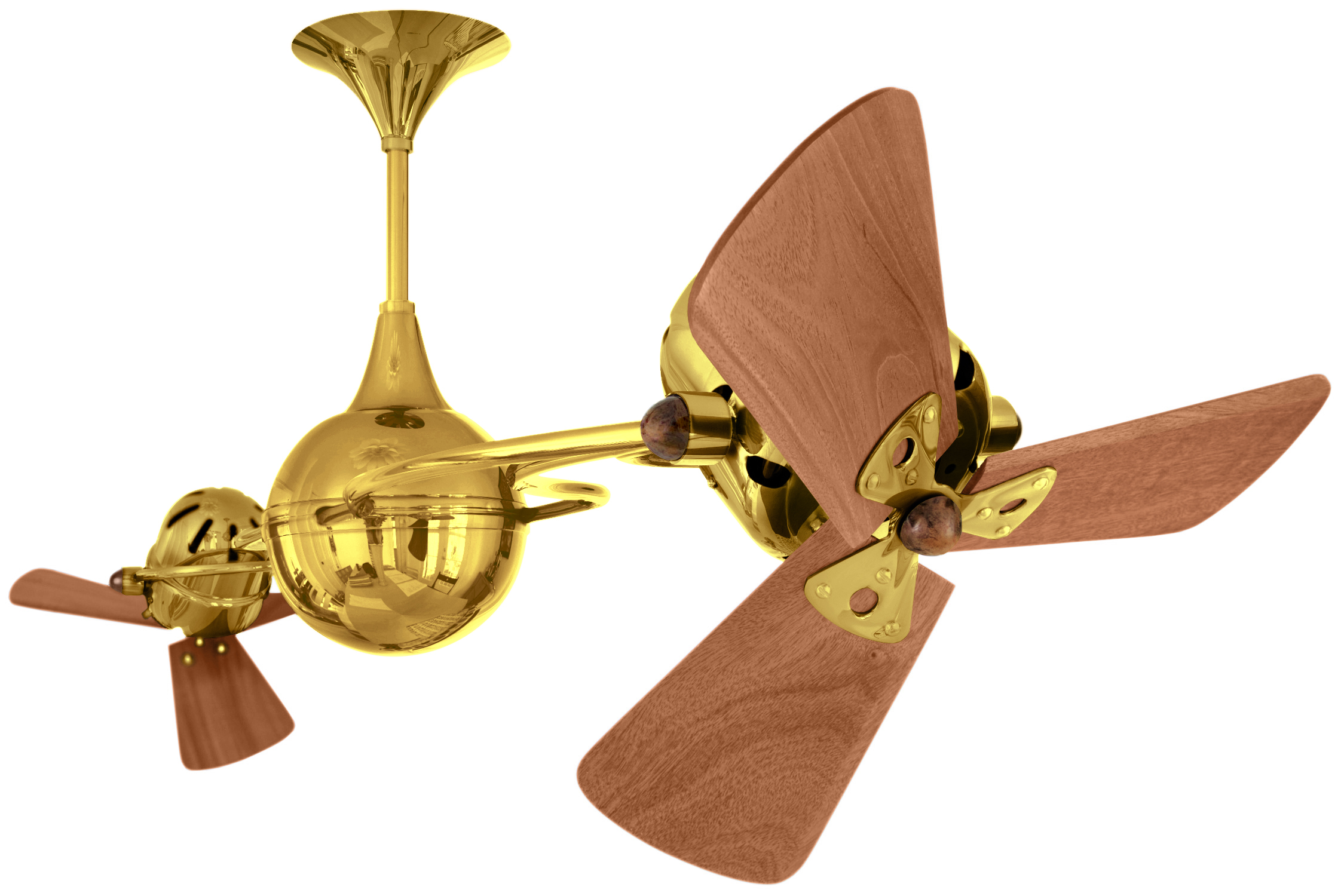 Italo Ventania rotational dual head ceiling fan in Gold / Ouro finish with solid mahogany wood blades made by Matthews Fan Company.