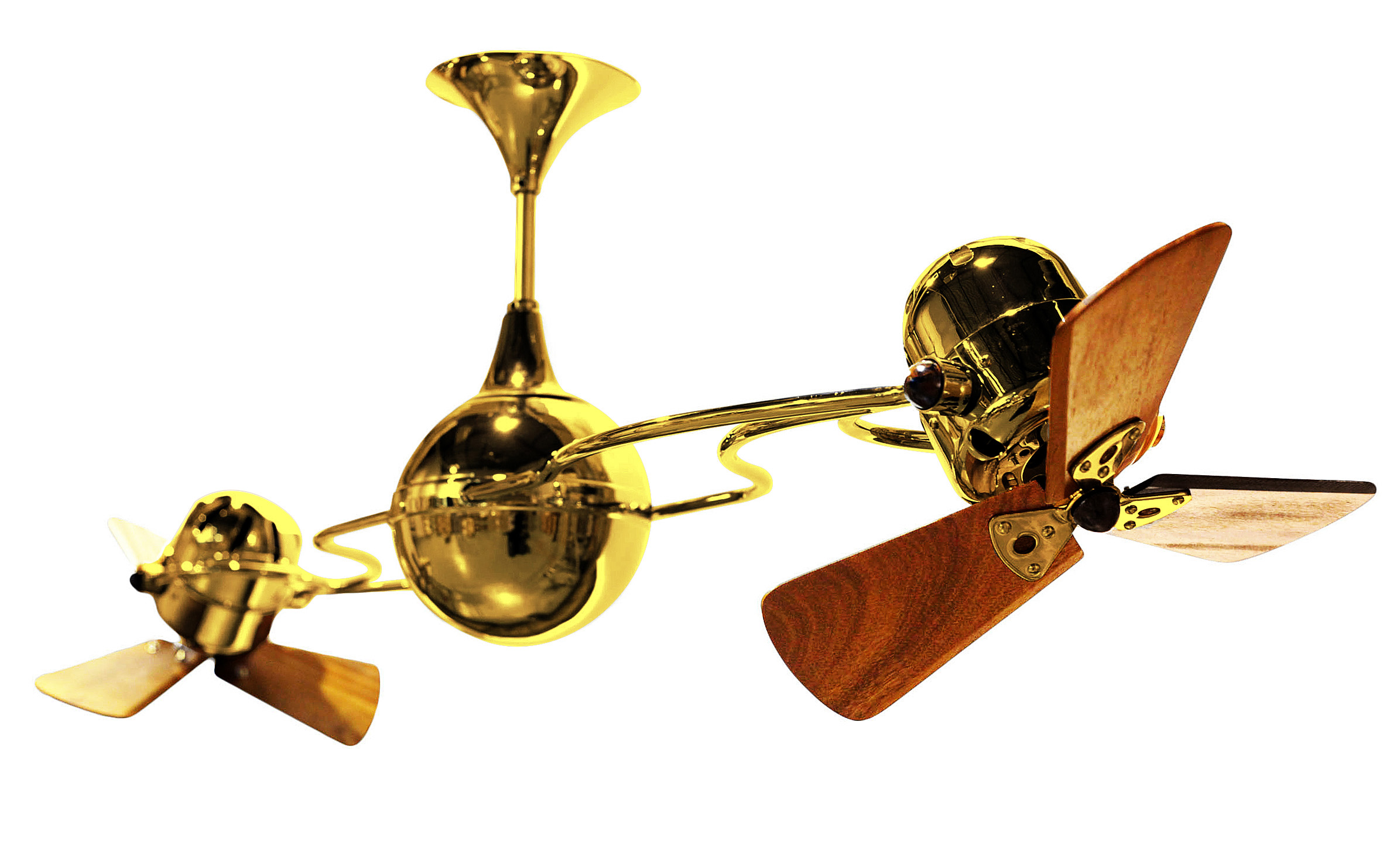 Italo Ventania Rotational Dual Head Ceiling Fan in Ouro / Gold Finish with Mahogany Wood Blades