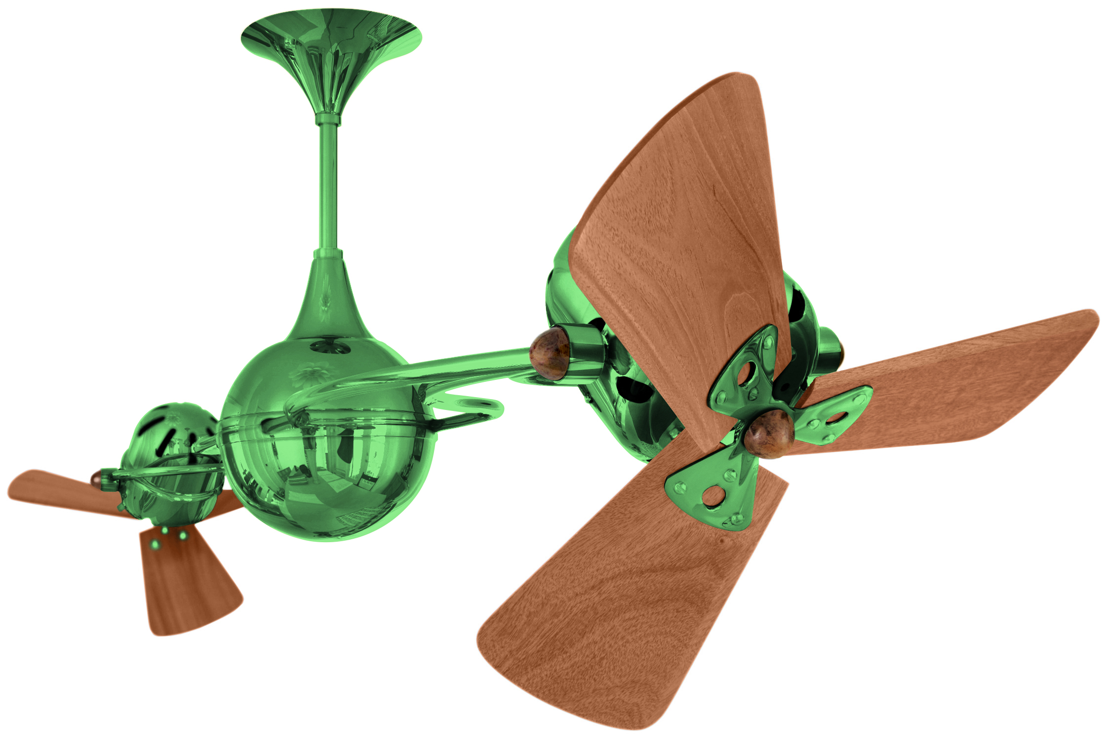 Italo Ventania rotational dual head ceiling fan in Green / Esmeralda finish with solid mahogany wood blades made by Matthews Fan Company.