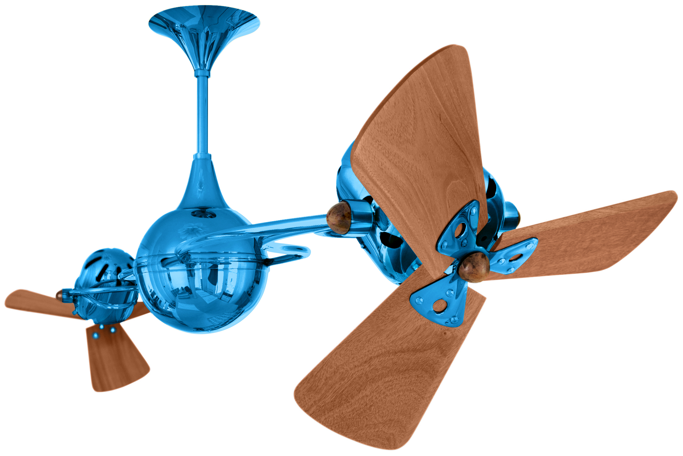 Italo Ventania rotational dual head ceiling fan in Light Blue / Agua Miranha finish with solid mahogany wood blades made by Matthews Fan Company.