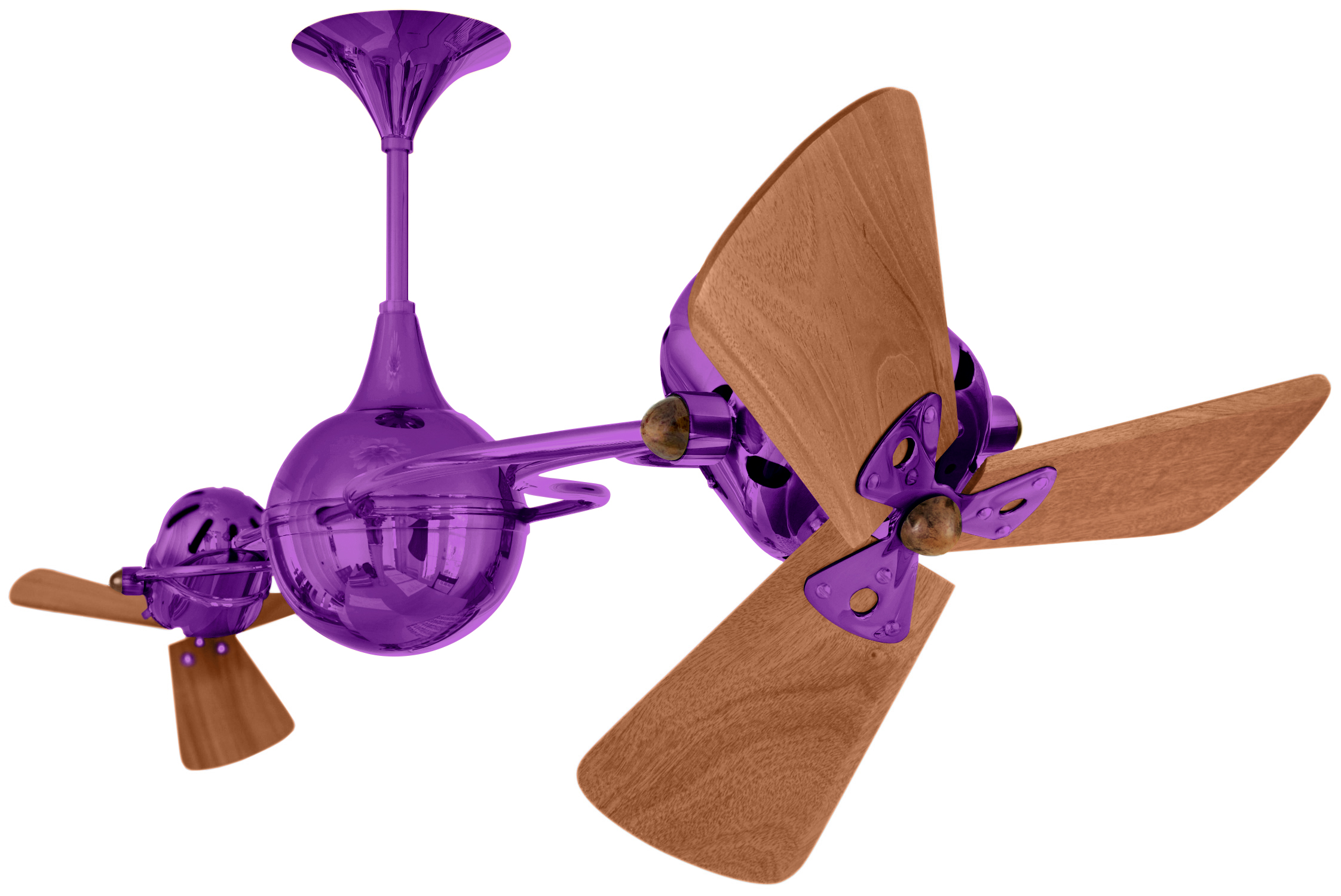 Italo Ventania rotational dual head ceiling fan in Light Purple / Ametista finish with solid mahogany wood blades made by Matthews Fan Company.