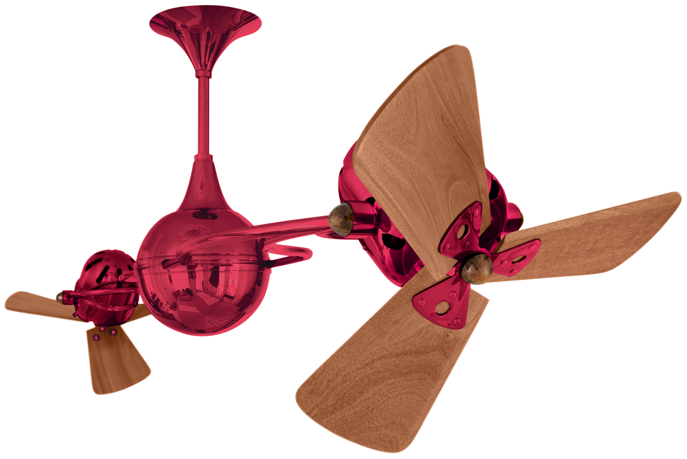 Italo Ventania rotational dual head ceiling fan in red / rubi finish with solid mahogany wood blades made by Matthews Fan Company.