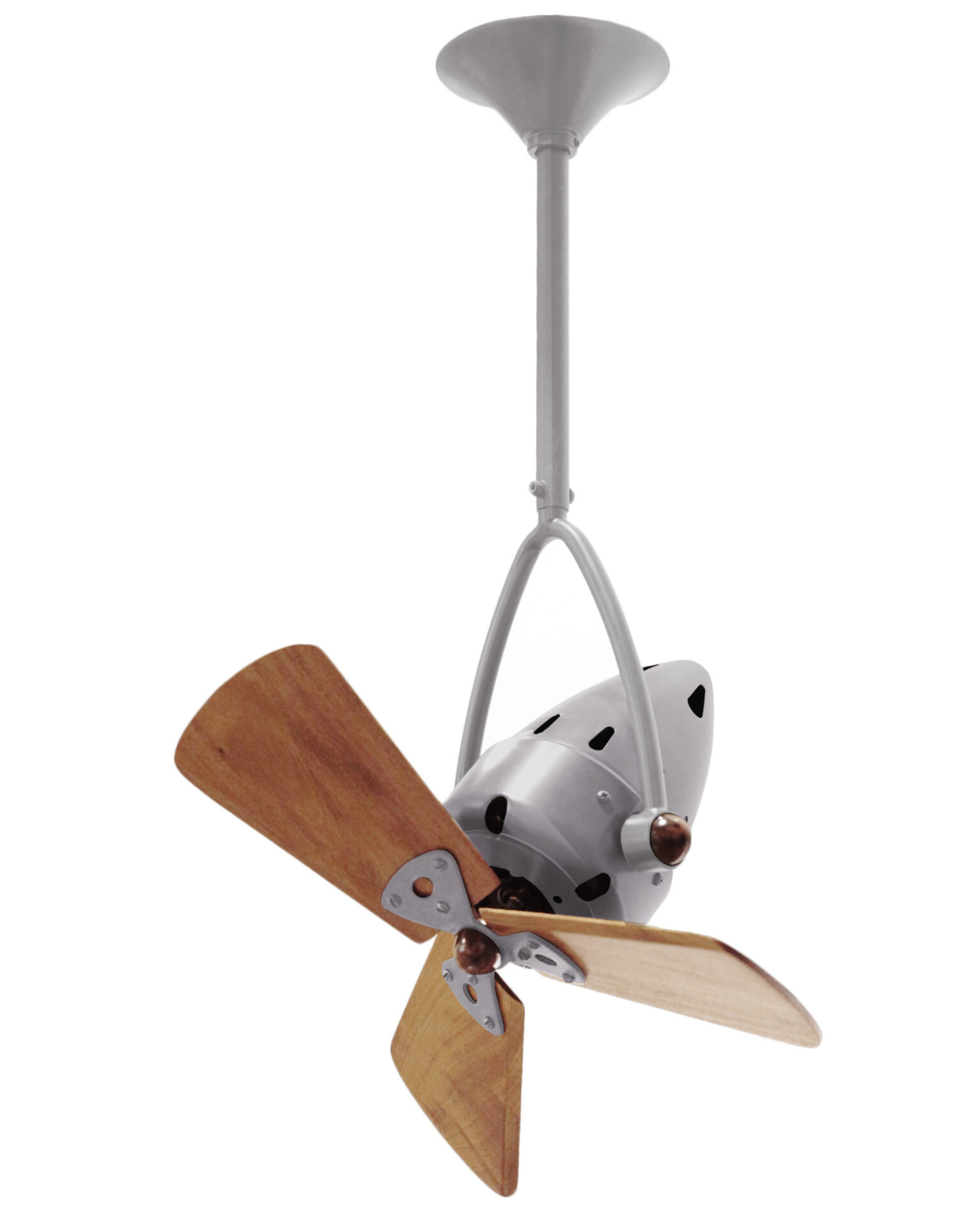 Jarold Direcional ceiling fan in Brushed Nickel finish with solid mahogany blades made by Matthews Fan Company.