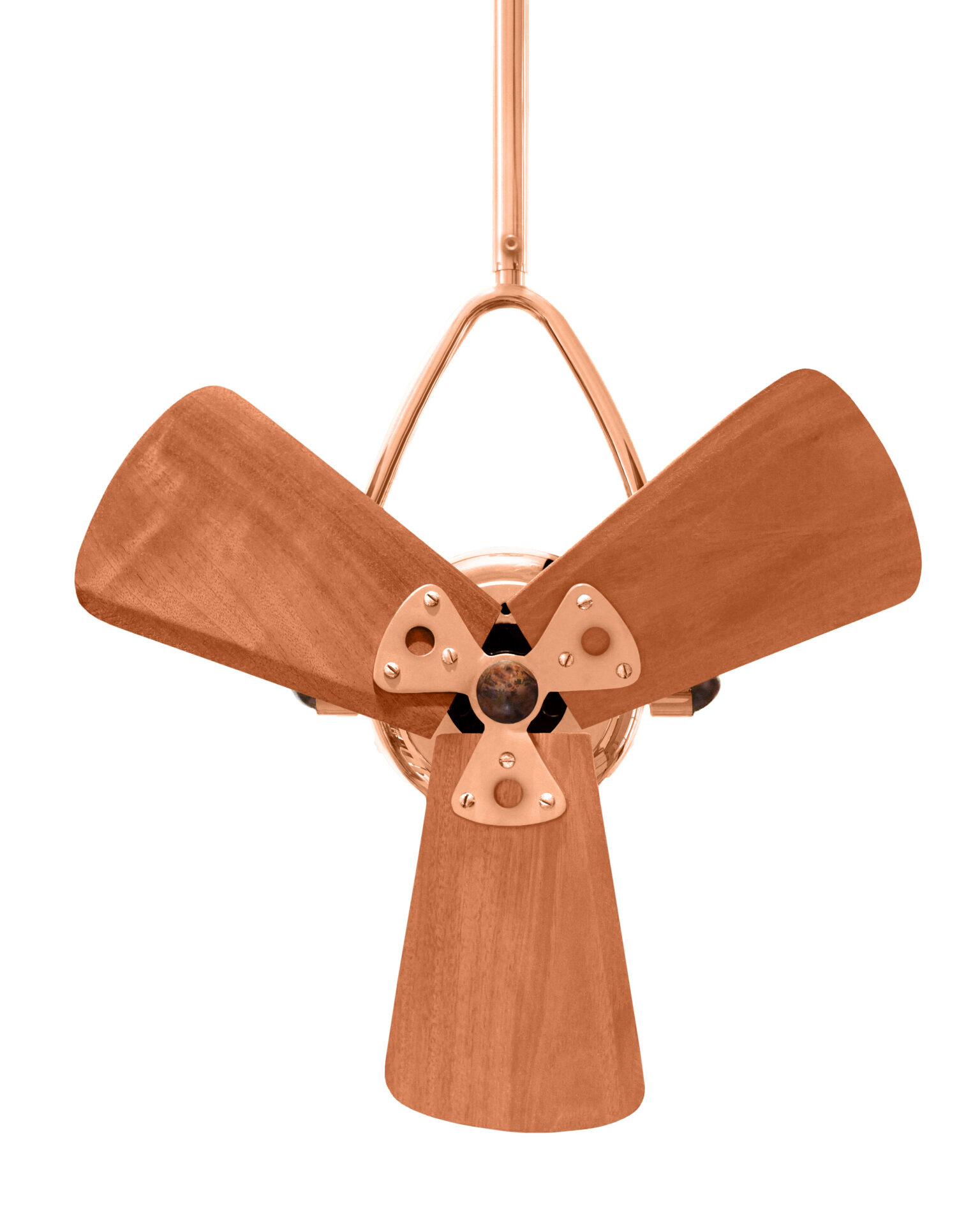 Jarold Direcional ceiling fan in polished copper finish with solid mahogany wood blades made by Matthews Fan Company.