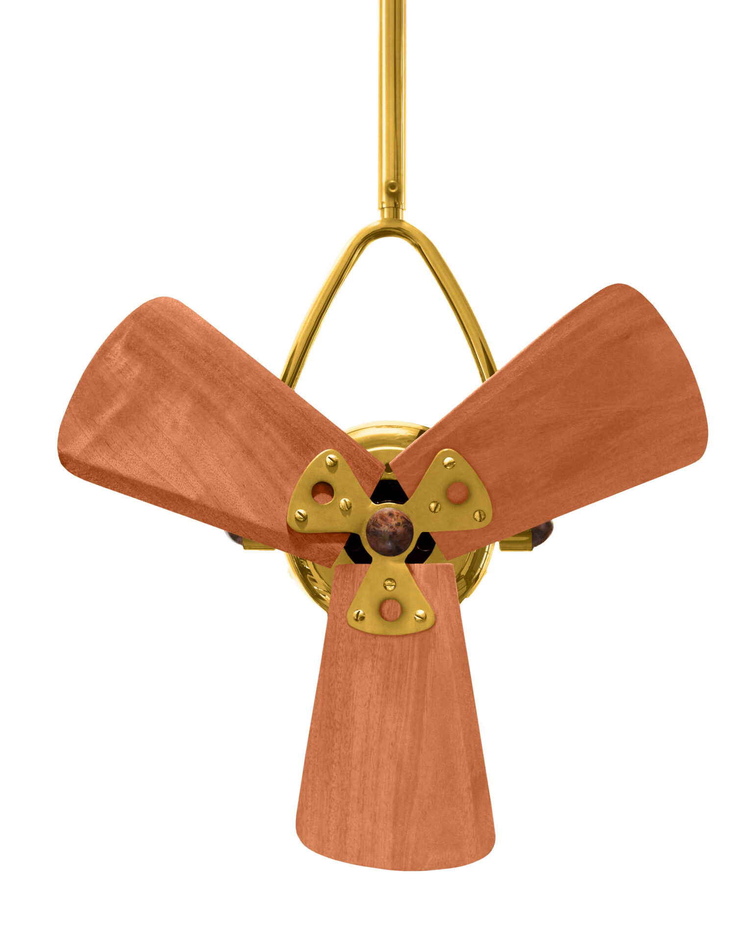 Jarold Direcional ceiling fan in gold / ouro finish with solid mahogany wood blades made by Matthews Fan Company.