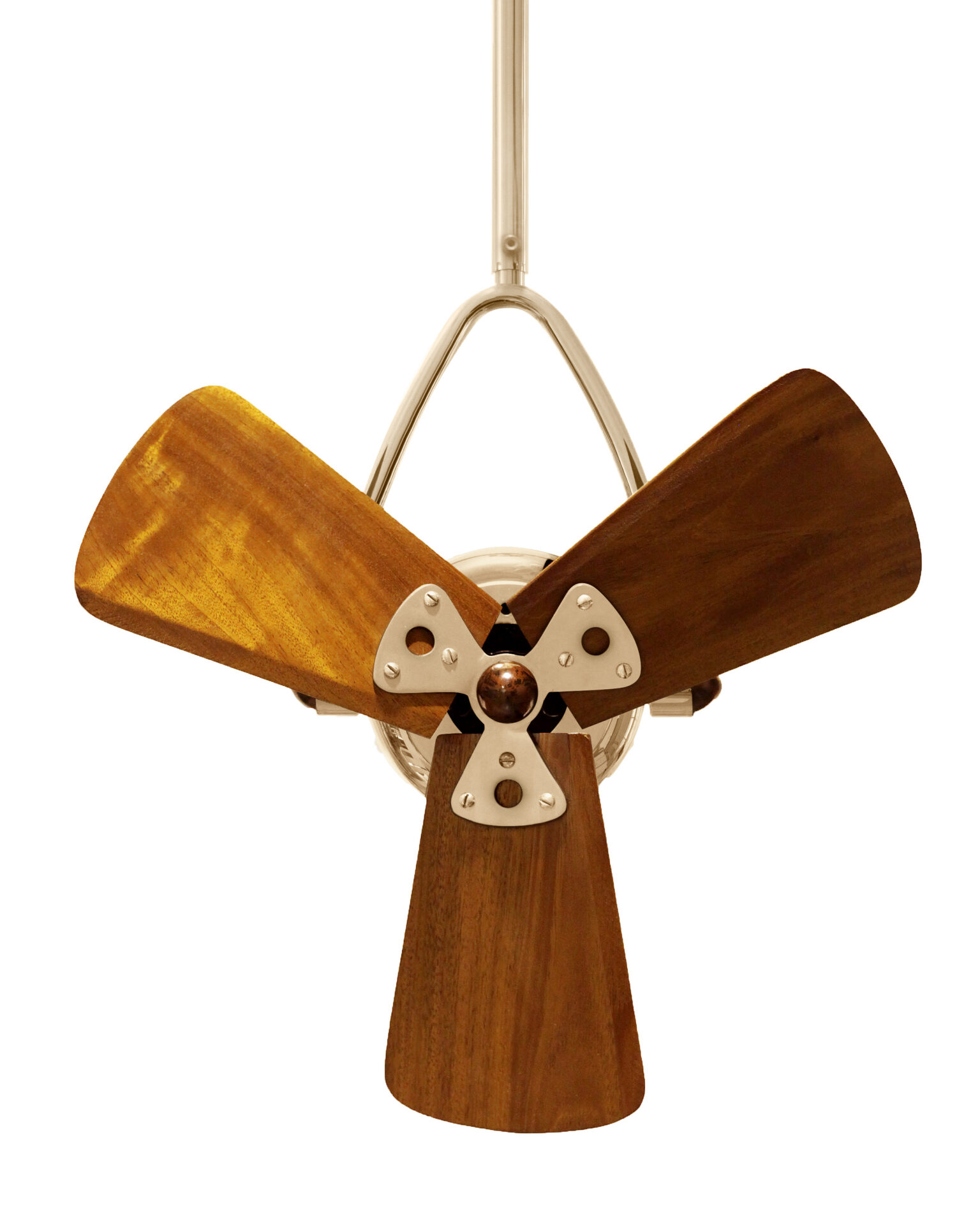 Jarold Direcional ceiling fan in Polished Brass finish with Solid Mahogany Blades made by Matthews Fan Company.