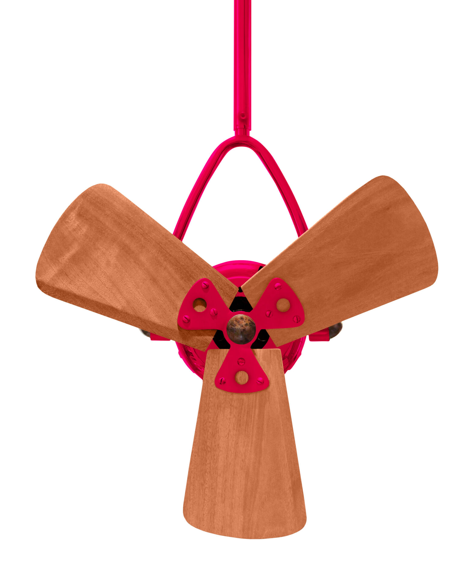 Jarold Direcional ceiling fan in red / rubi finish with solid mahogany wood blades made by Matthews Fan Company.