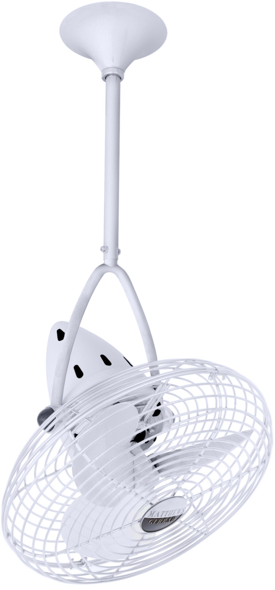 Jarold Direcional ceiling fan in gloss white finish with Metal blades in safety cage made by Matthews Fan Company.