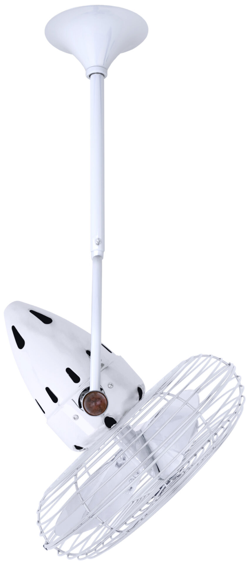 Jarold Direcional ceiling fan in gloss white finish with Metal blades in decorative guard made by Matthews Fan Company.