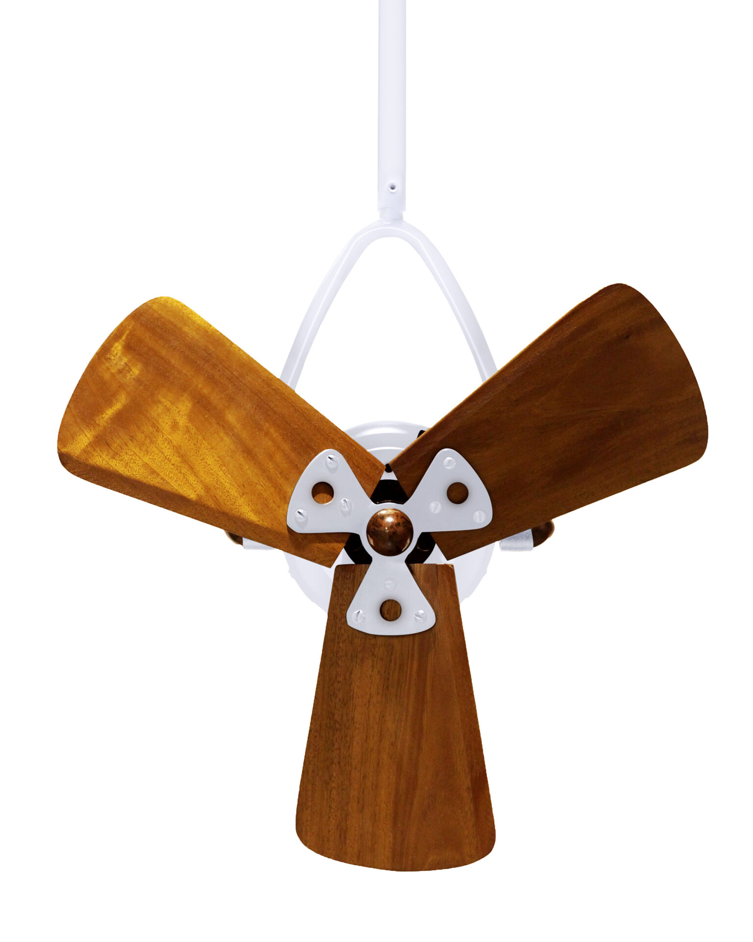 Jarold Direcional ceiling fan in gloss white finish with solid mahogany blades made by Matthews Fan Company.