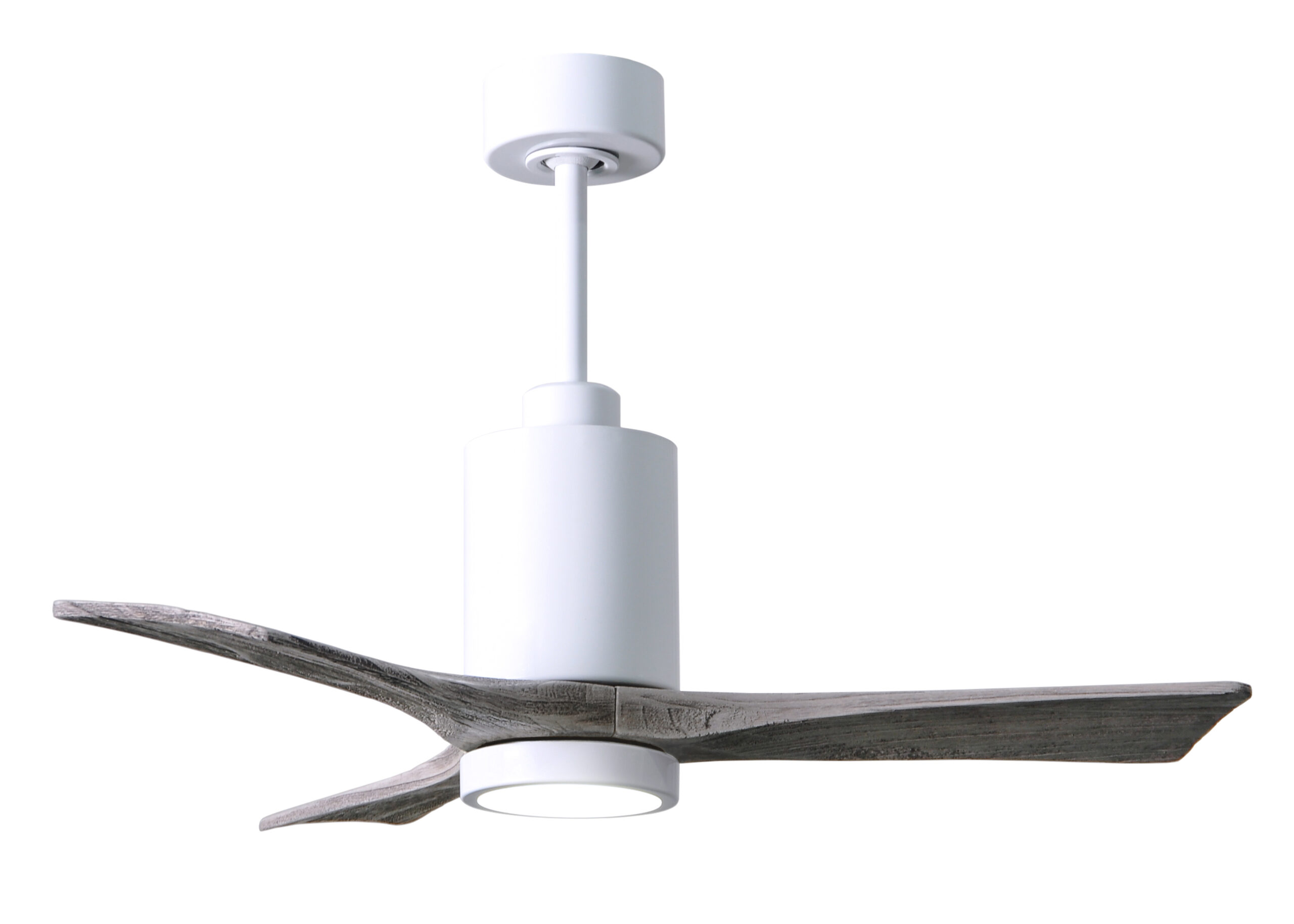 Patrícia-3 ceiling fan in Gloss White with 42” Barn Wood blades made by Matthews Fan Company.