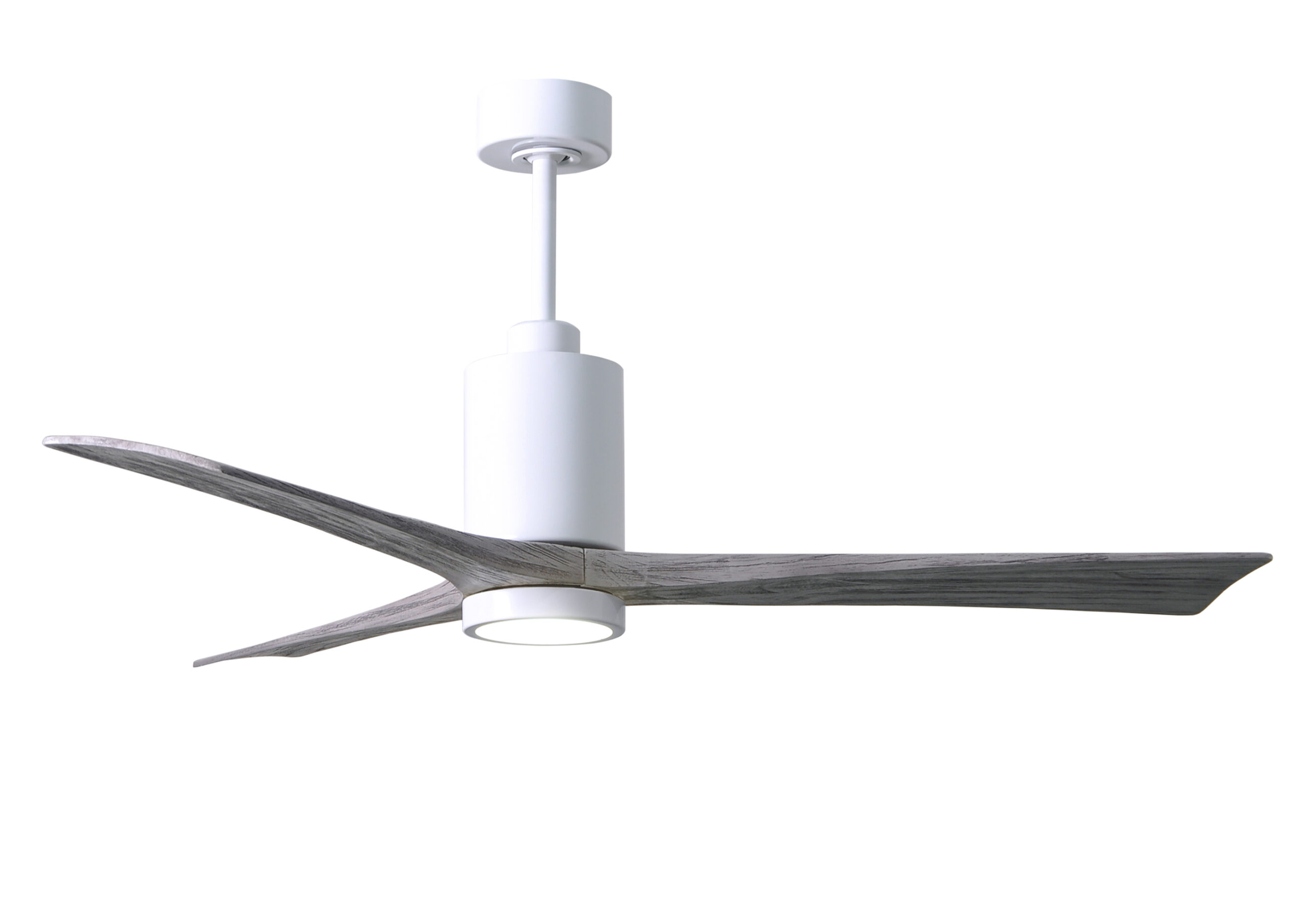 Patrícia-3 ceiling fan in Gloss White with 60” Barn Wood blades made by Matthews Fan Company.