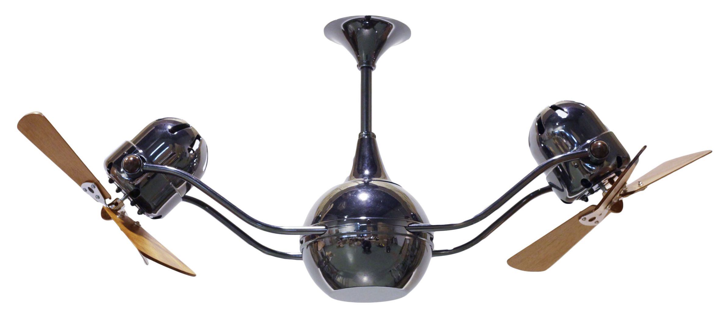 Vent-Bettina rotational dual head ceiling fan in Black Nickel finish with Mahogany wood blades made by Matthews Fan Company.