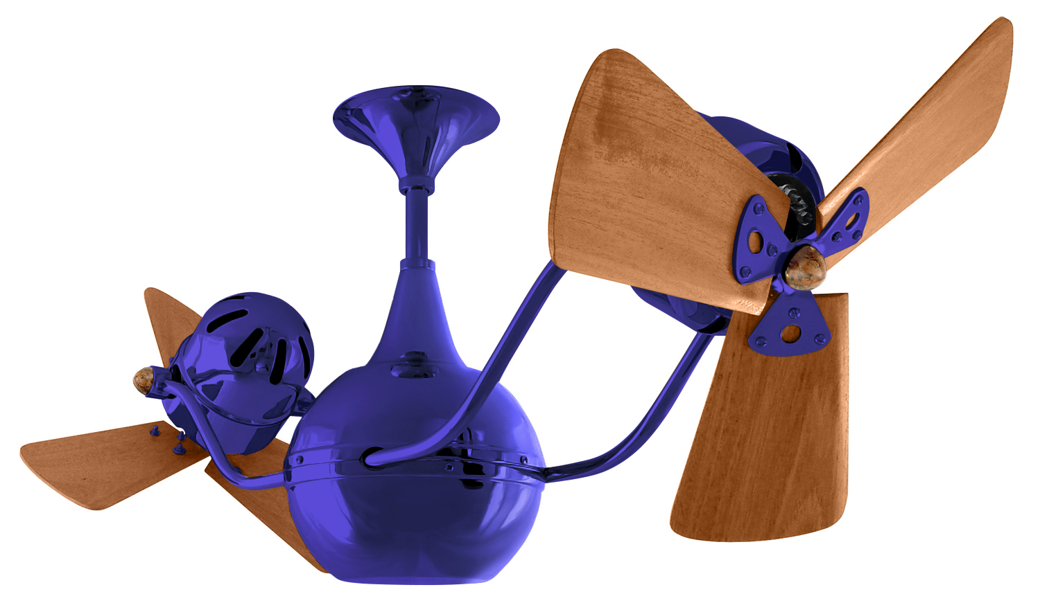 Vent-Bettina rotational dual head ceiling fan in Blue / Safira finish with Mahogany wood blades made by Matthews Fan Company.