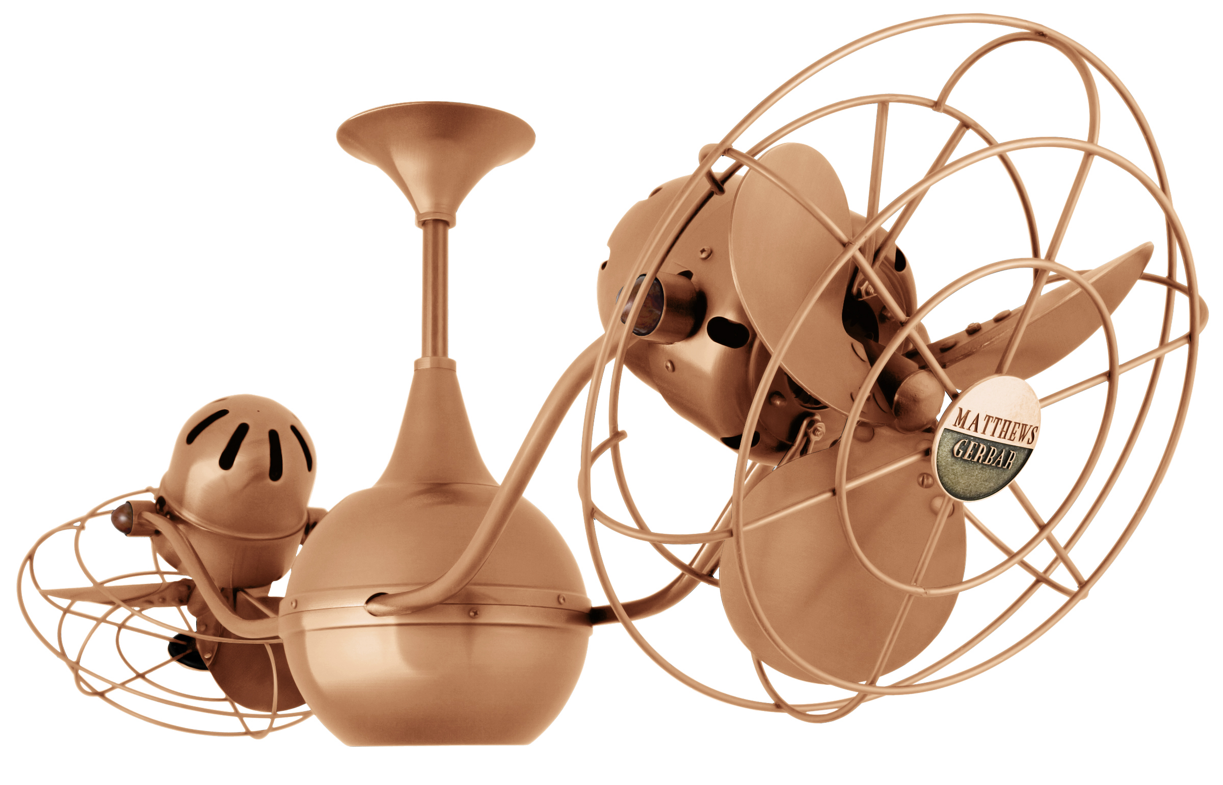 Vent-Bettina rotational dual head ceiling fan in Brushed Copper finish with metal blades in decorative cages made by Matthews Fan Company.