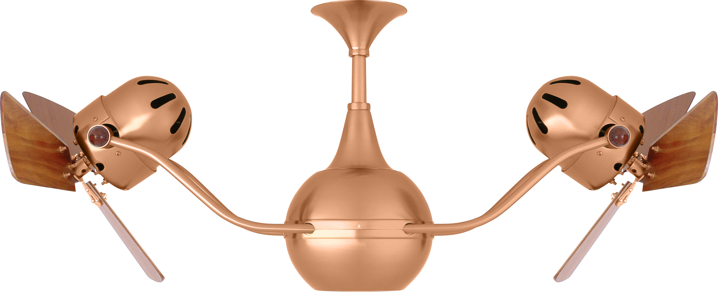 Vent-Bettina rotational dual head ceiling fan in Brushed Copper finish with Mahogany wood blades made by Matthews Fan Company.