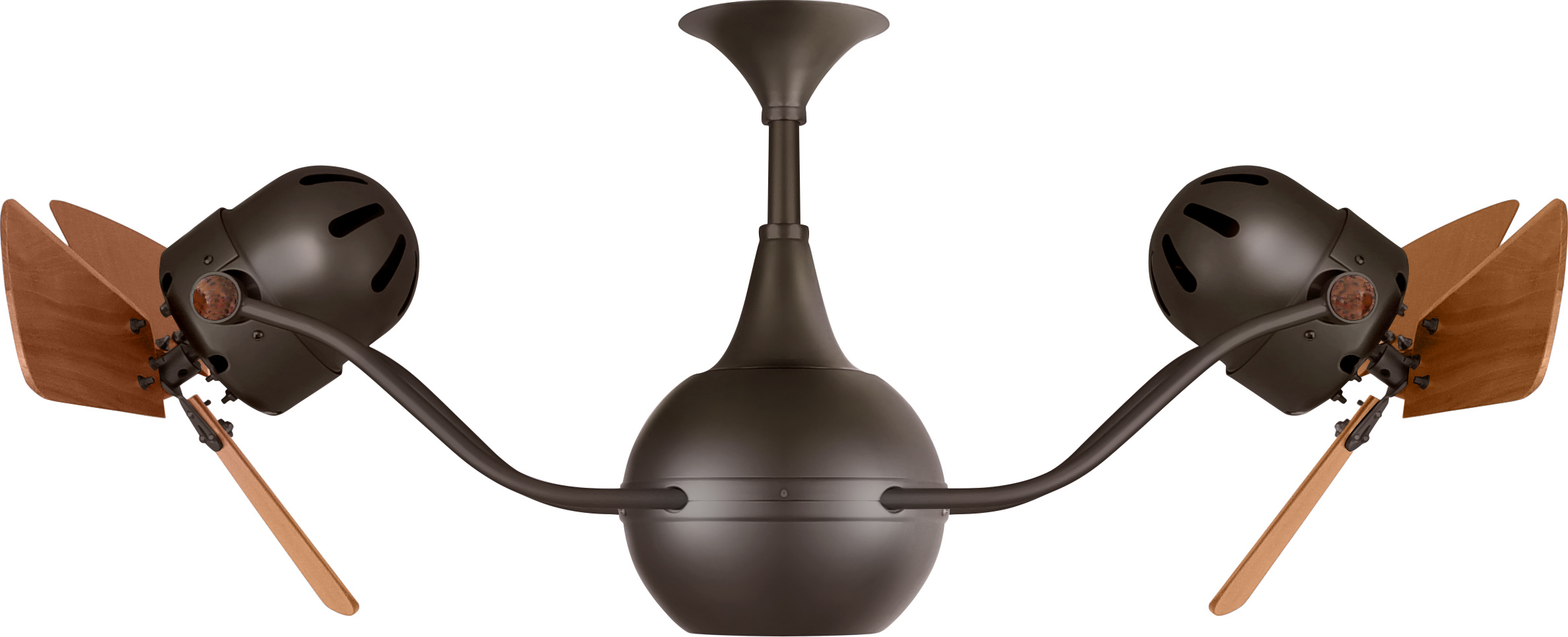 Vent-Bettina rotational dual head ceiling fan in Bronzette finish with Mahogany wood blades made by Matthews Fan Company.